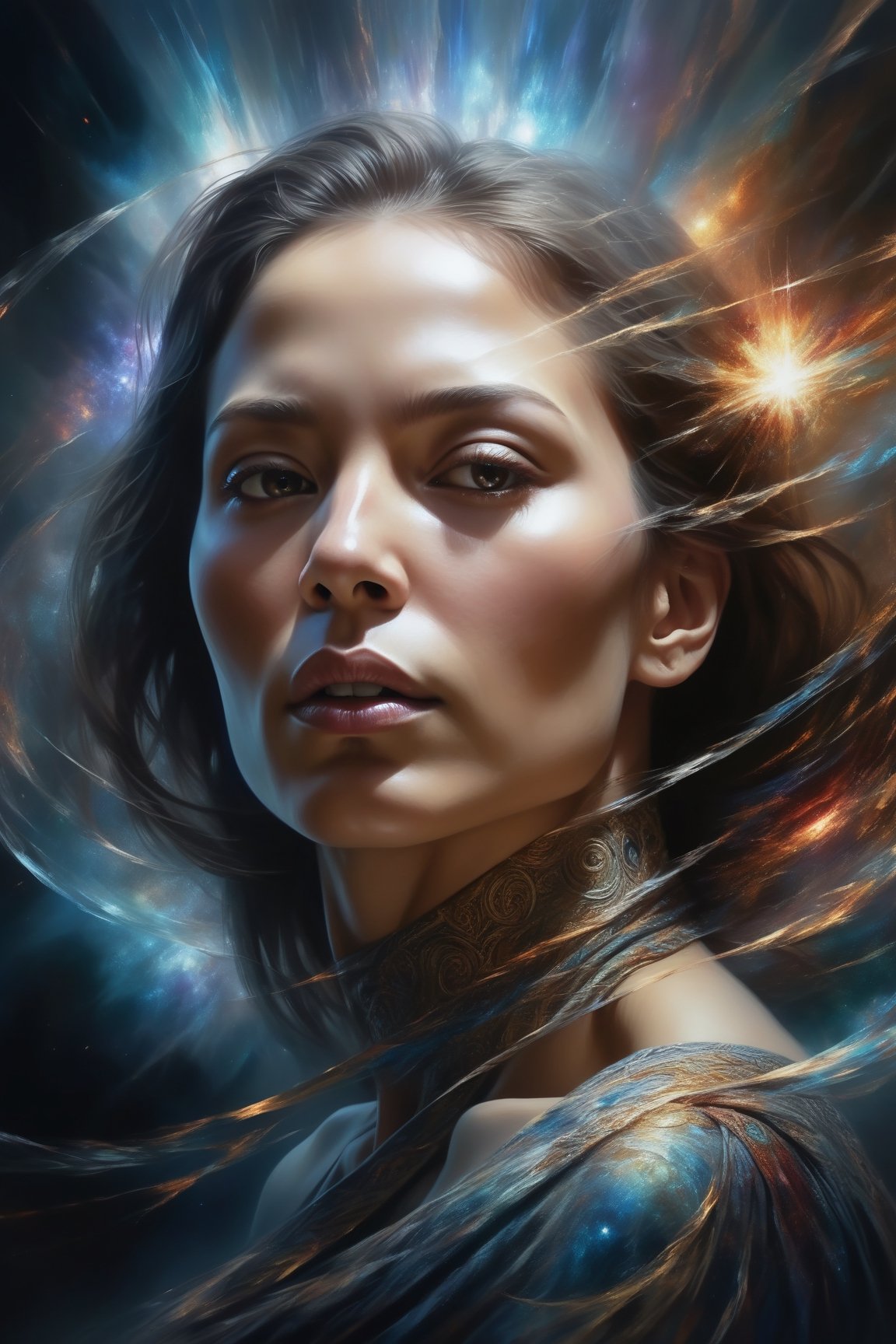 style of Aleksi Briclot, (A woman's face split into an otherworldly tapestry:0.9), In a surreal close-up (embracing duality:1.4), A kaleidoscopic digital light sweep (dancing through the void and connecting both halves with motion:1.6).






