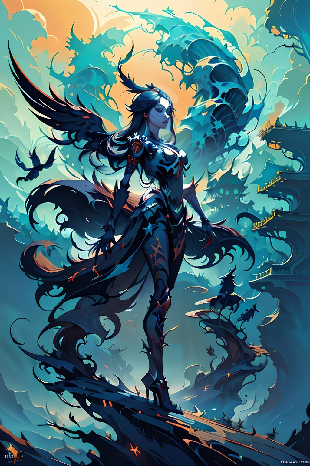 a woman (( banshee)) standing on top of a tree surrounded by birds,  inspired by Aleksi Briclot,  fantasy art,  ((skeleton warrior)),  amazing awesome and epic,  crows,  nagash editorial,  black metal,  witch - doctor,  fantasy photography,  goddess of anger,  the ((angel of death)),splash00d