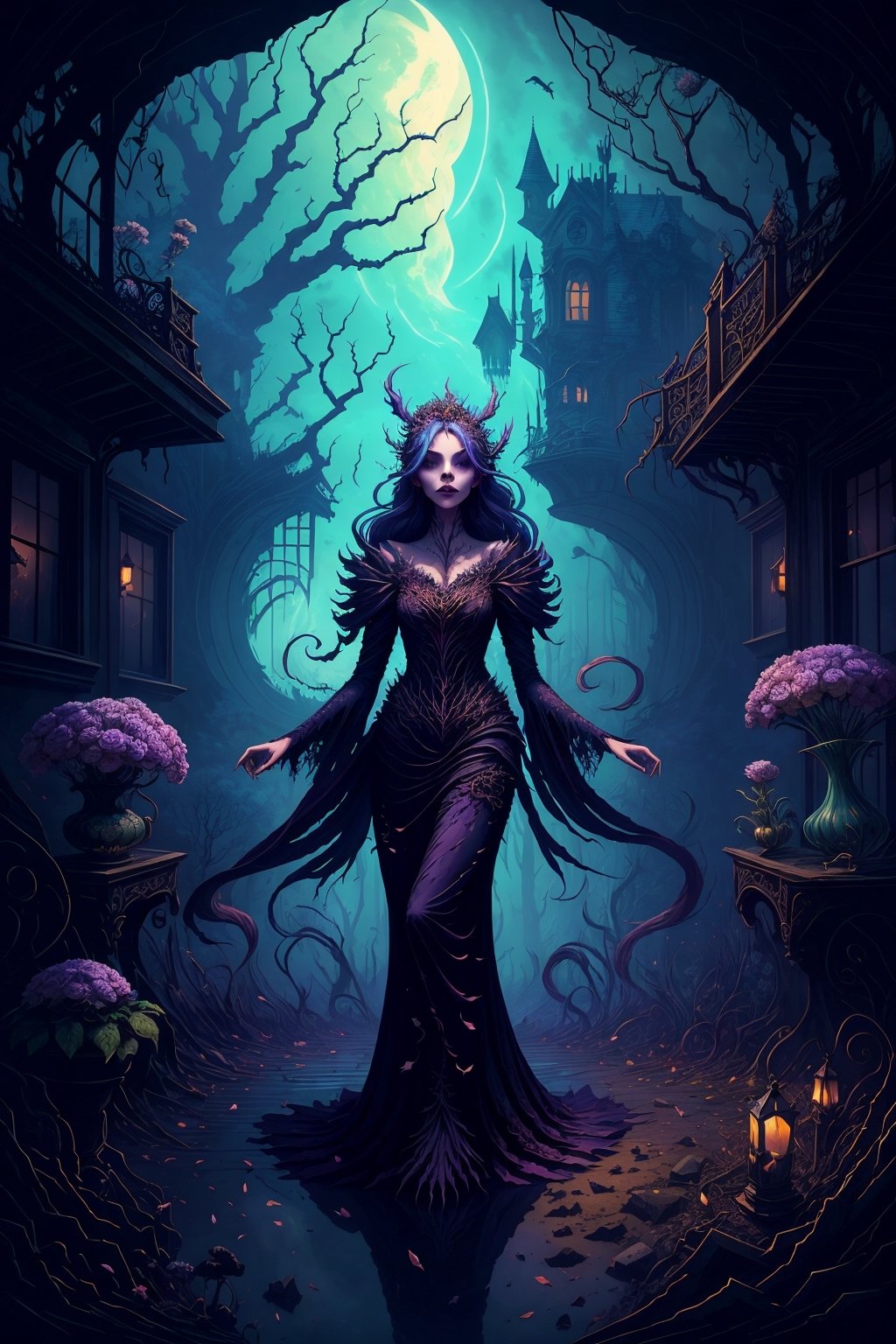 A stunning lady with flowing, vibrant locks of flora swaying gracefully in the ethereal atmosphere. She exudes an enchanting charm amidst a haunting backdrop of dilapidated mansions shrouded by shadows and darkness. In this surreal dreamscape, she captivates your attention completely, creature00d,tshee