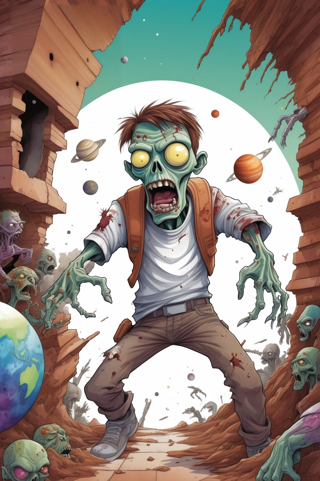 Humorous sci-fi vector poster in cedar brown and white color palette. Watercolor effect. Funny cartoon zombie cyborg character slamming into a wall, causing his head to break apart. In the background, reveal a vibrant planet inhabited by various creatures. Detailed illustration by renowned artists such as Andy Ranamanolisa and Matt Dixon.