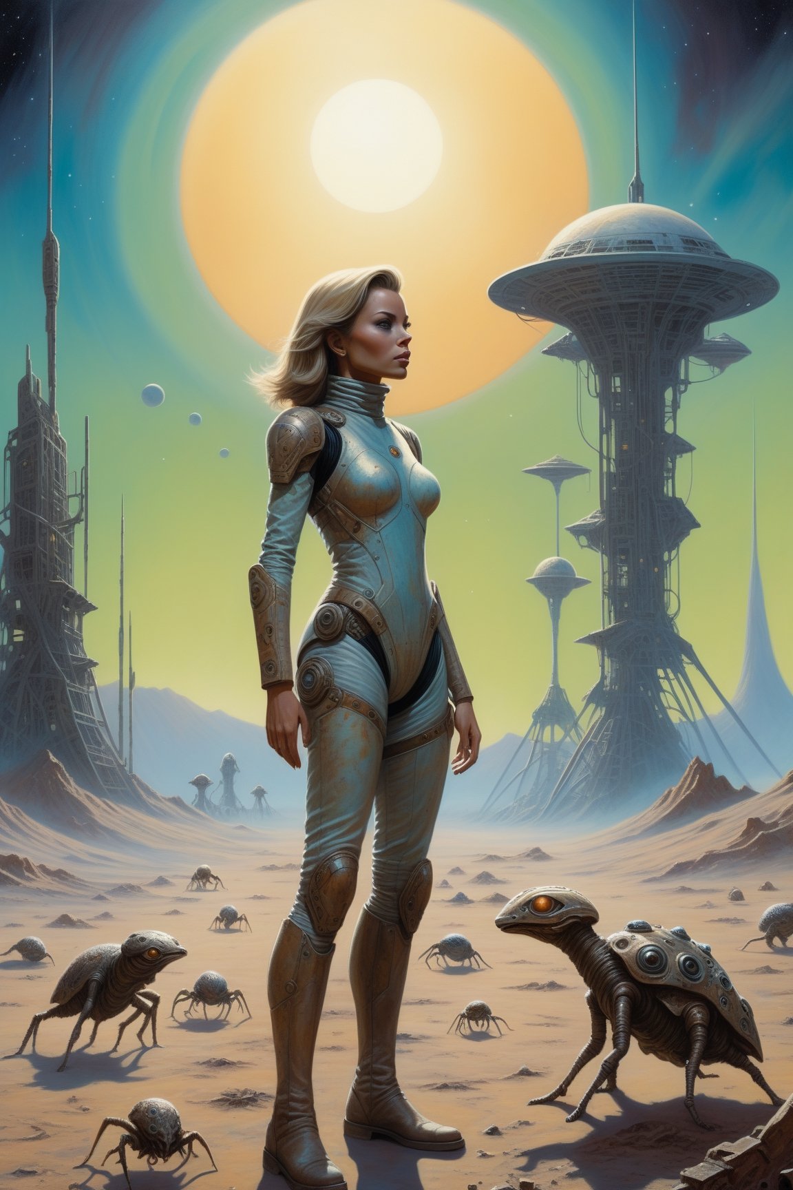 style of Kelly Freas, sci-fi poster, closeup, a woman standing alone on a barren planet, bathed in (ethereal light:0.4), with (tiny, strange creatures and abandoned tech structures:1.6) scattered around her, creating an atmosphere of (mystery and wonder:1.7).