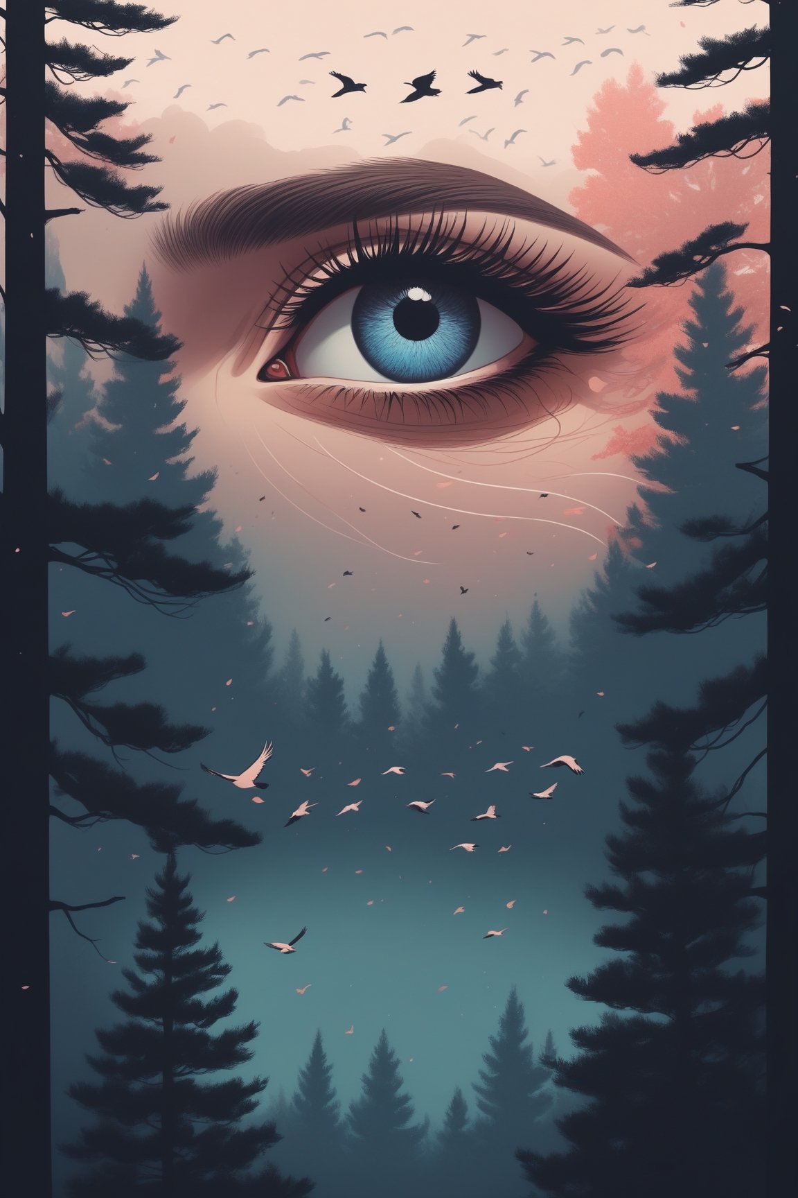 style of Alena Aenami, Illustrated poster, An intimate view of a woman's eye with (an entire universe in the pupil:0.8) – a place where (trees grow tall and birds take flight:1.3), all wrapped up in an elegant color palette.



