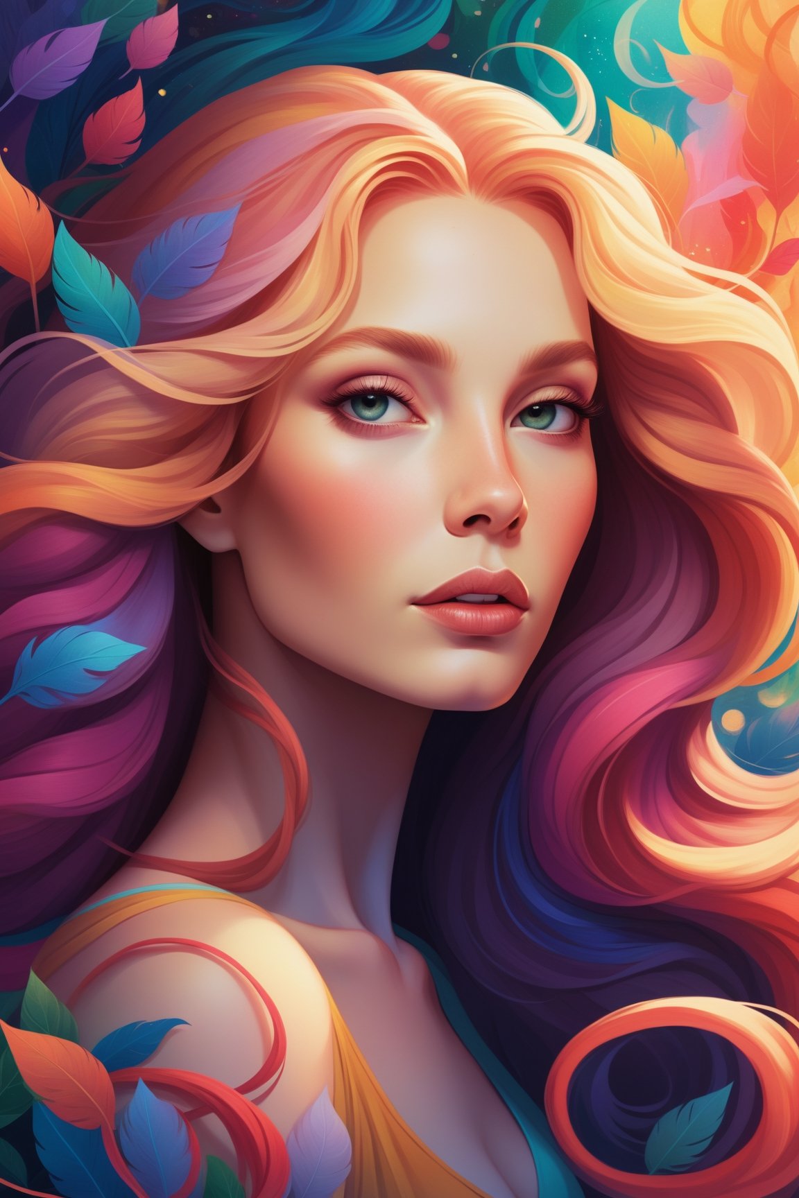 Demonstrative Lois van Baarle-style close up poster design, featuring an ethereal woman with long, luscious locks in vibrant hues, surrounded by dreamlike elements and captivating colors.