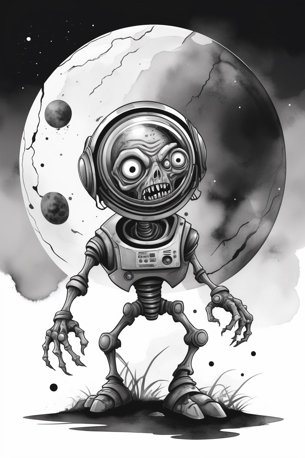 Funny cartoon zombie cyborg in black & white vector art, transformed with watercolor strokes, entering a sphere computer while journeying towards a planet teeming with sci-fi creatures. Poster design with concept art appeal.