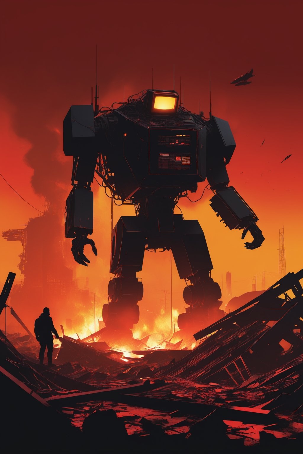 High contrast vector art, (Giant computer burning in red and yellow hues:1.3), Noir silhouette style, Sci-fi setting, (Wreckage and debris:1.2), Dystopian atmosphere, Futuristic elements, Dramatic composition.