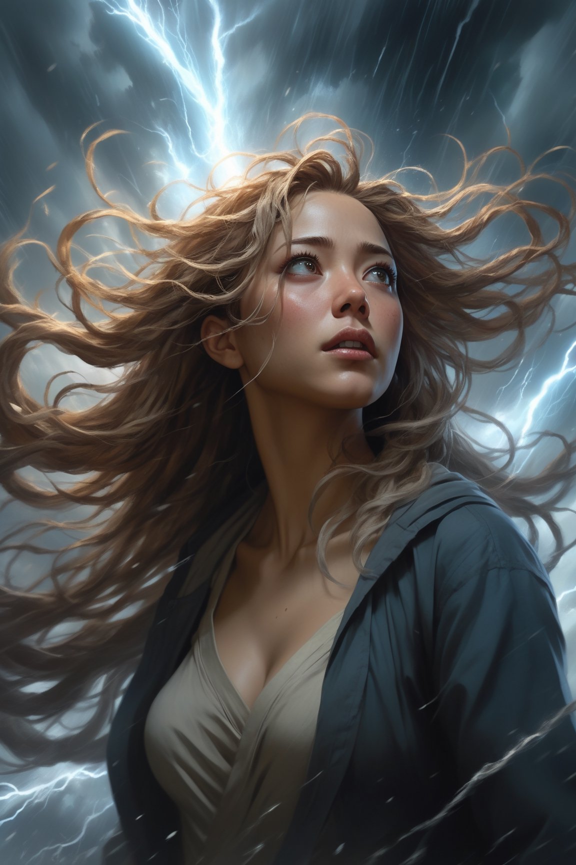 Alejandro Burdisio's style blend with Aleksi Briclot, poster view, Detailed split of an (anime woman with flowing hair and expressive eyes:1.7), Her face divided yet (emotionally intertwined:0.8). Amidst the void between the halves, a (digital light storm:1.5) sweeps in random motion, creating a dynamic contrast to her stillness.







