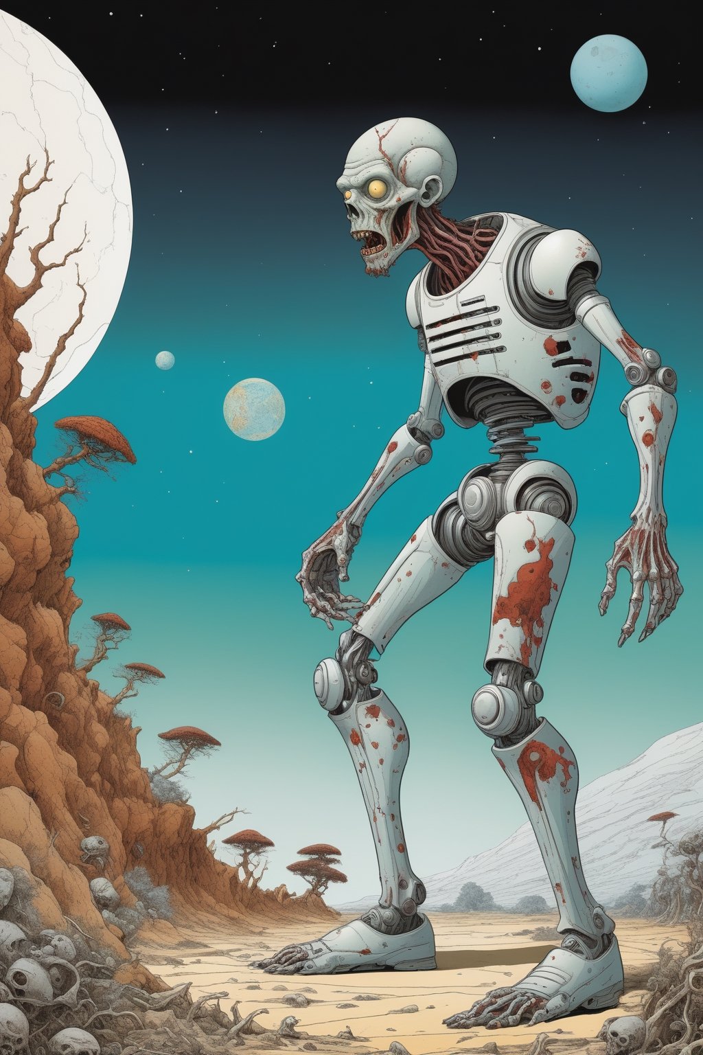 A humorous sci-fi poster featuring a cartoon zombie cyborg in vector art style with Cedar brown and white color palette. The zombie cyborg comically hits a wall breaking its head. In the background, a fantastical planet teeming with diverse creatures is portrayed in a watercolor texture. Artists inspiring this piece could be the imaginative worlds of Jean Giraud (Moebius) and the colorful whimsy of Yuko Shimizu. 8K resolution for exceptional detail. Trending on artstation.