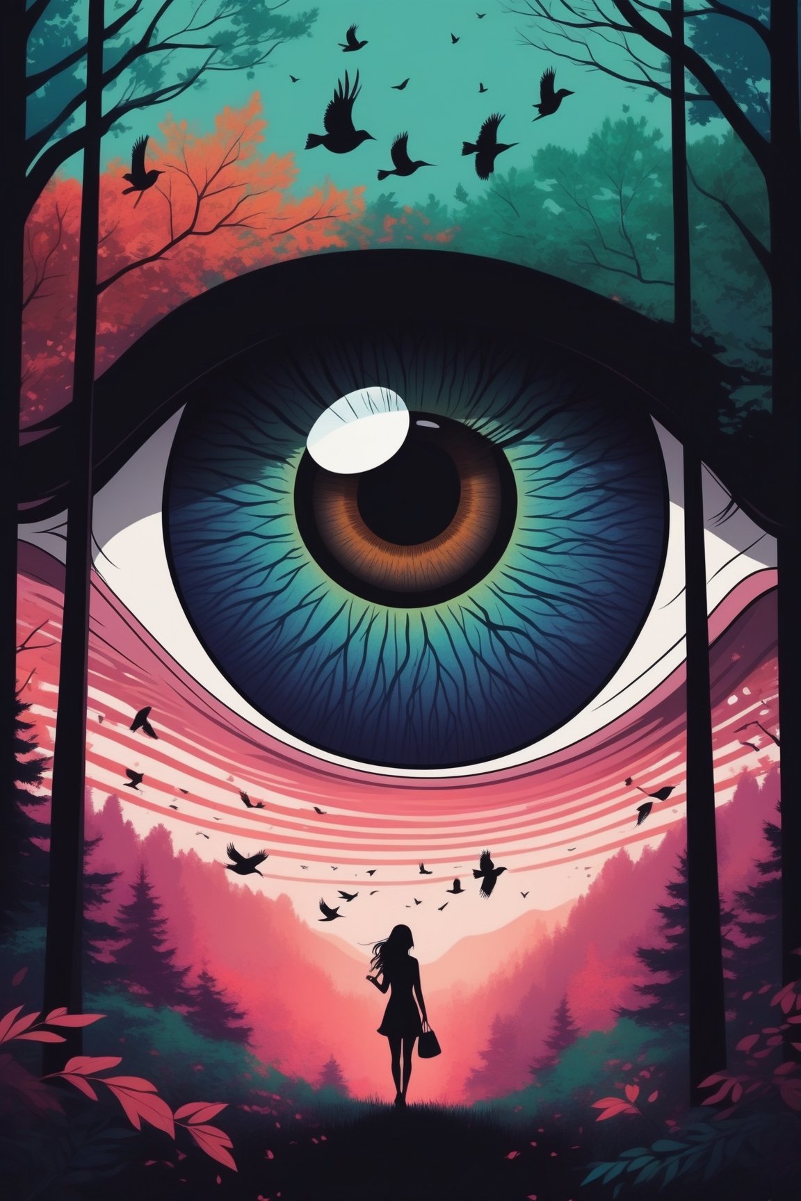 style of Alena Aenami, Artistic poster design, a captivating woman's eye revealing an inner world of (lush trees and fluttering birds within the pupil:1.6), surrounded by colorful and harmonious patterns that elevate its beauty.



