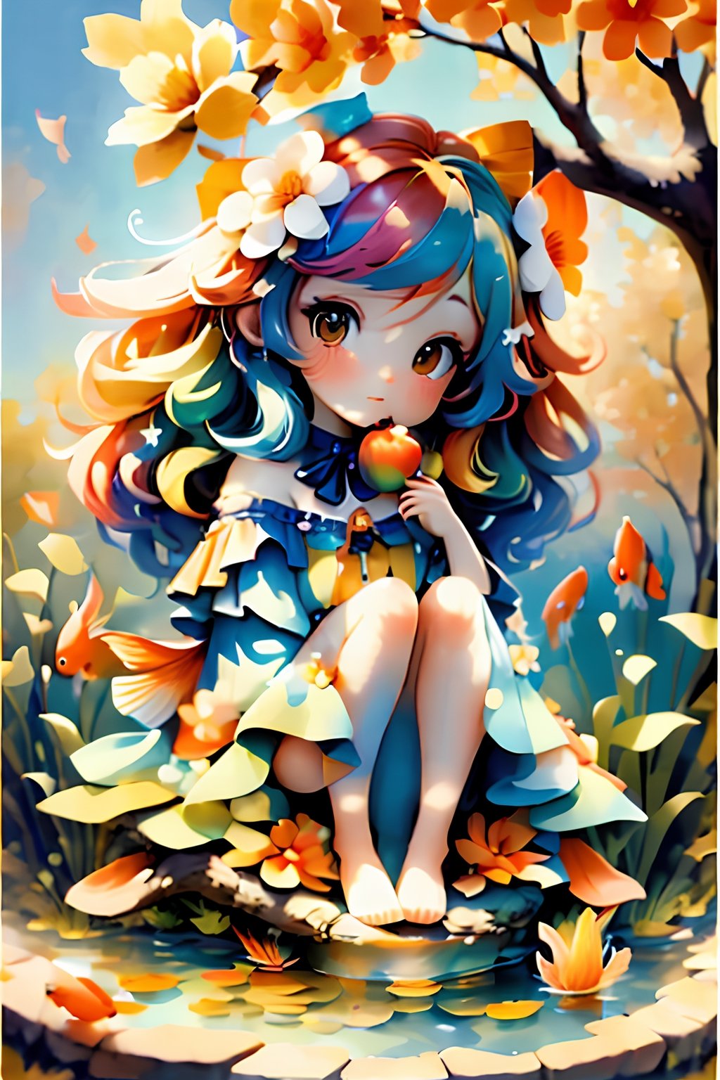  plastican00d, A beautiful woman with colorful hair made from flowers sat on a grassy knoll underneath an apple tree. The sky was blue and the sun shone brightly above her as she watched goldfish swim in a nearby pond