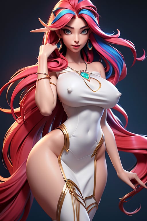 (((multicolored hair, [red hair]))), ultra realistic 8k cg, picture-perfect face, flawless, clean, masterpiece, professional artwork, famous artwork, cinematic lighting, cinematic bloom, perfect face, beautiful face, beautiful eyes, (((perfect female body, narrow waist))), gorgeous queen, royal, divine, goddess, godlike, (royal palace), fantasy, dreamlike, unreal, science fiction, (huge breasts), beautiful clothes, lace, lace trim, lace-trimmed legwear, nsfw, breasts out, absurdly long hair, very long hair, (rich:1.4), prestige, luxury, jewelry, diamond, gold, pearl, gem, sapphire, ruby, emerald, intricate detail, delicate pattern, sexy, charming, alluring, seductive, erotic, enchanting, hair ornament, necklace, earrings, bracelet, armlet, looking at viewer,3DMM , elf_ears