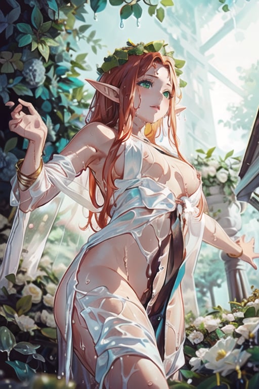 (1girl), (elf), (sheer nightgown:1.2) , red hair, look at camera , small chest, (public_hair:1.2), (wet body:1.3), hand on breast, forest, (fairy:1.2), branch, dancing, ballet,(from below), (seductive pose), green eyes