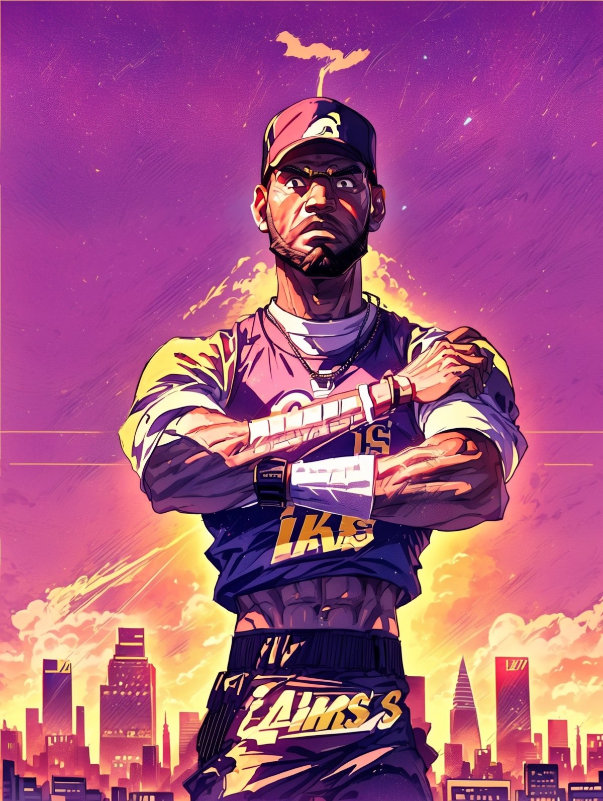 4K,  (GTA style),  (1boy, LeBron James), wearing Lakers suit, 1990s retro style, (Los Angles city skyline background), sunset),  masterpiece,  centered,  sharp focus , Glasses, EpicSky