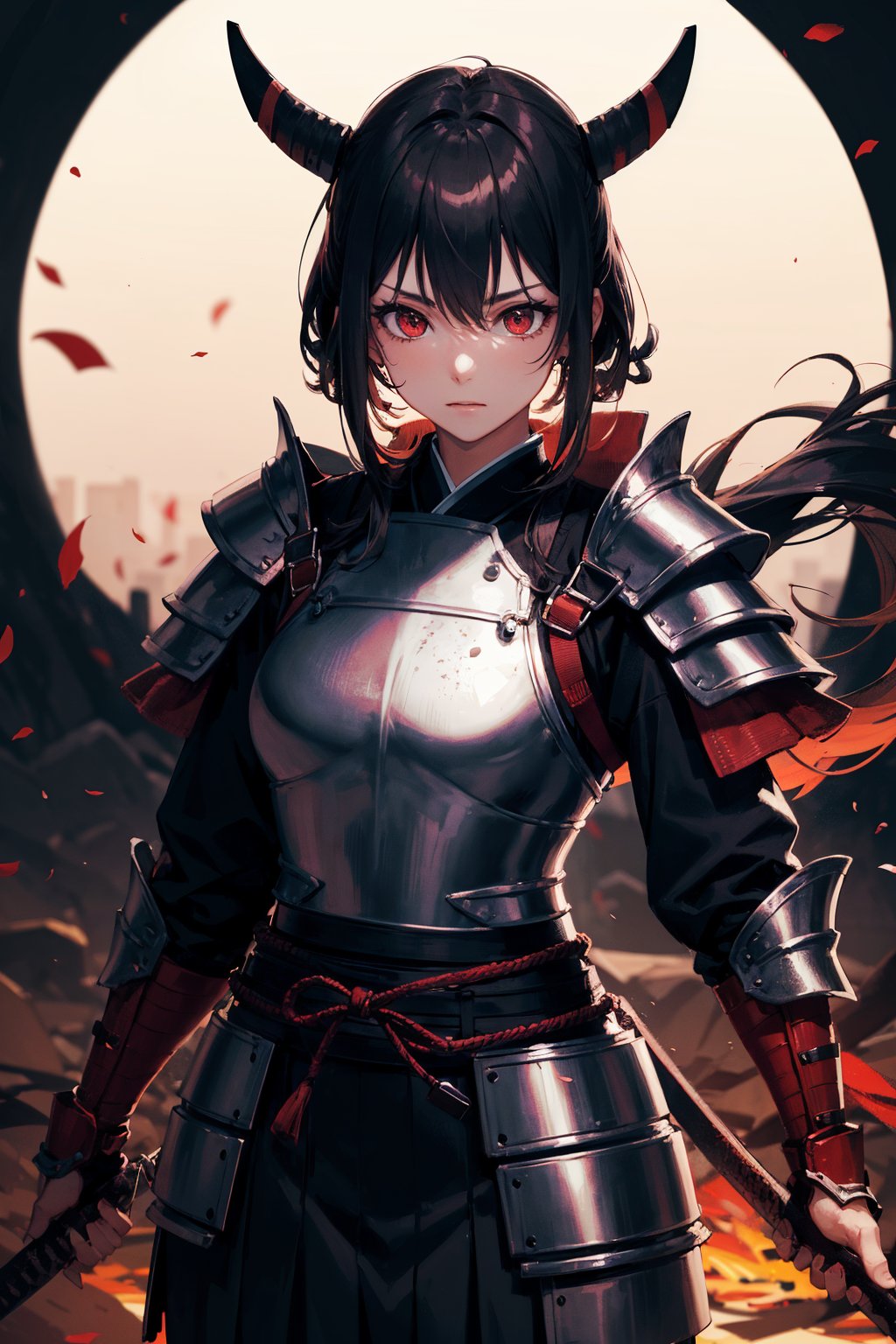 (dinamic pose), (face of a 26 year old girl, body of a 26 year old girl), crimson red eyes, female samurai, armor, skirt, horror style, area lighting