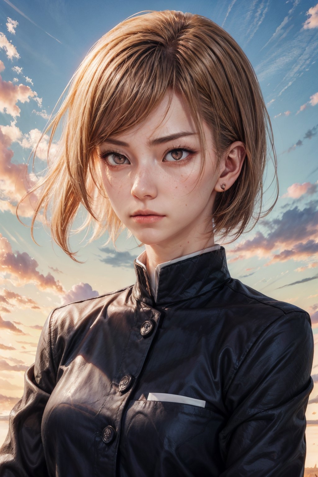 sharp focus, dynamic, (natural skin texture, hyperrealism:1.25), (skinny:1.25), strong wind, Cursed energy, Kugisaki Nobara from Jujutsu Kaisen, 1girl, cool face,realhands,kugisaki nobara,perfecteyes, crystal brown eyes