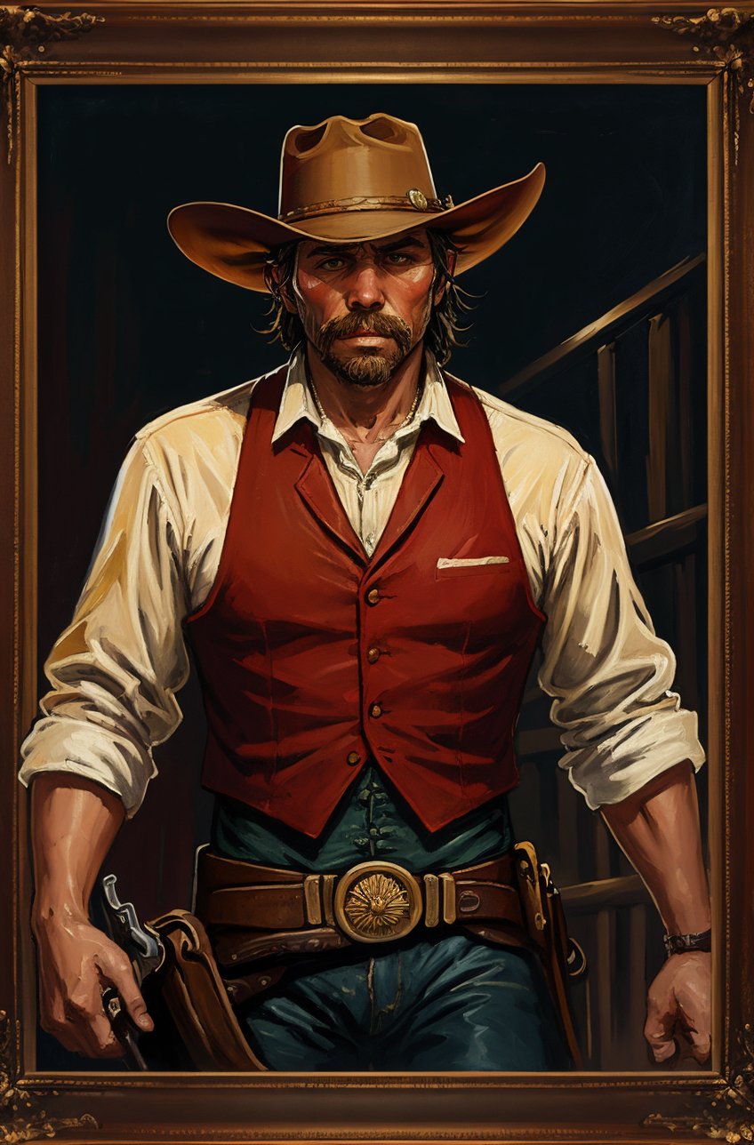 masterpiece, (cowboy in Red Dead Revolver), cowboy hat, best quality, oil painting style, golden frame