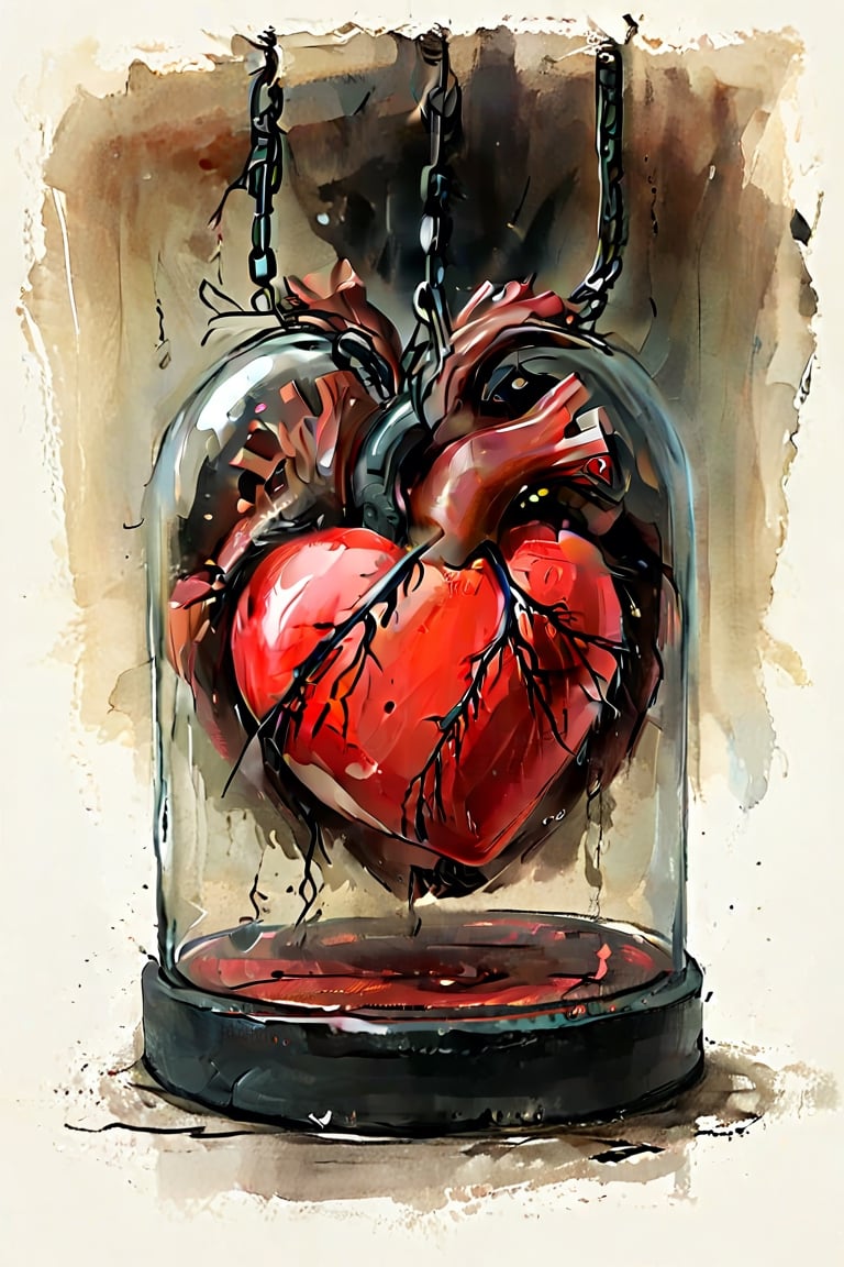 color photo of a hauntingly dark imagery depicting a live beating heart, pulsing with dark-red veins, painted in black, confined within a glass box. The heart, though painted black, is undeniably alive, emitting eerie rays of misty dark light. Enclosed by the glass box, it is trapped, its existence bound by the lock that seals it shut. Chains secure the box, anchoring it firmly to the ground, symbolizing the inescapable nature of the heart's darkness. The atmosphere surrounding the scene is enveloped in a thick fog, adding to the overall sense of grimness and foreboding. This evocative image evokes a profound sense of dread, urging viewers to confront the depths of their own fears and the haunting complexities of the human experience.