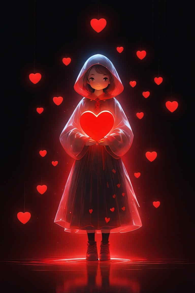 a maiden in a dark room holding her hand high above her head a bright red HEART illuminating the surroundings