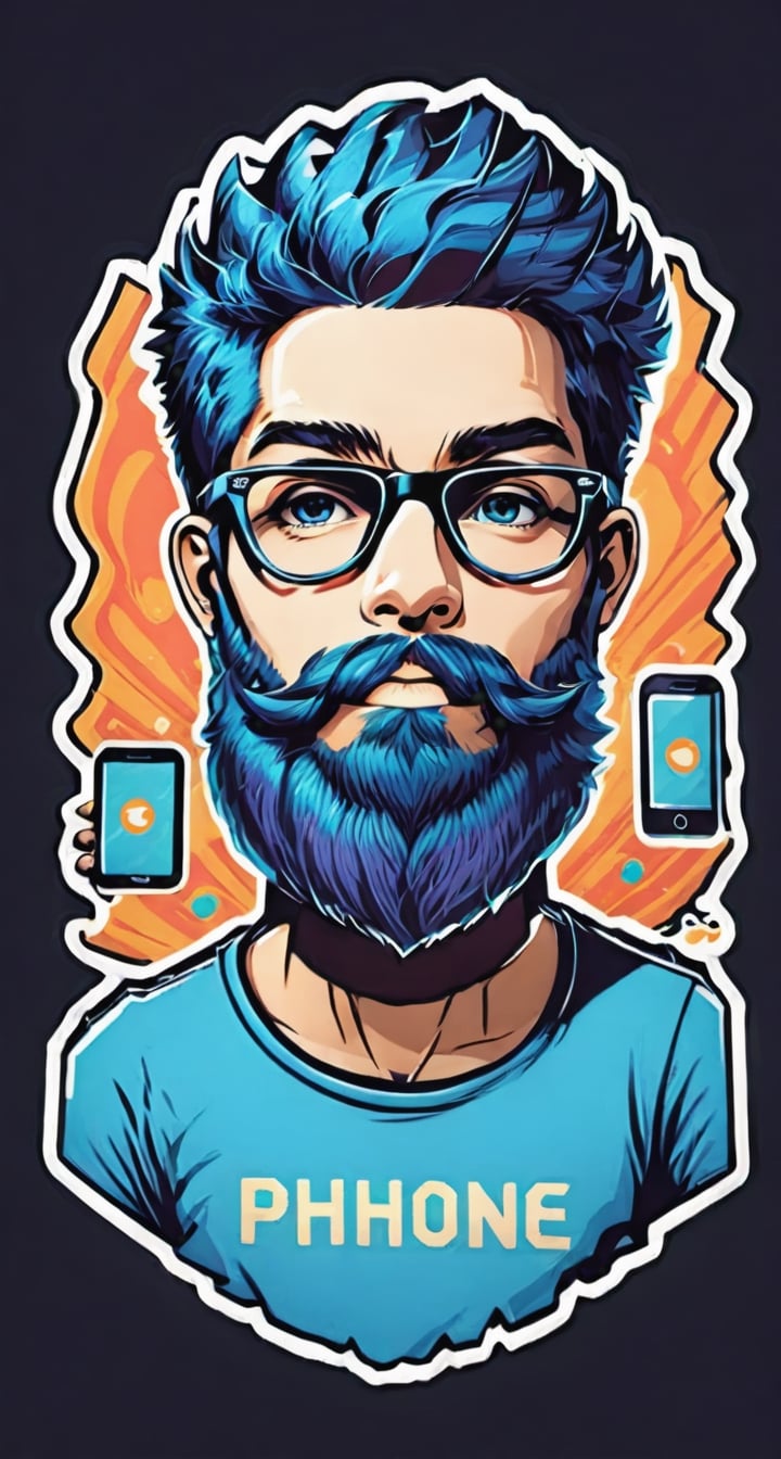  Man short beard 2D flat illustration t-shirt design with text saying "Phone2Cover" in the style of "Retro Hipster."
