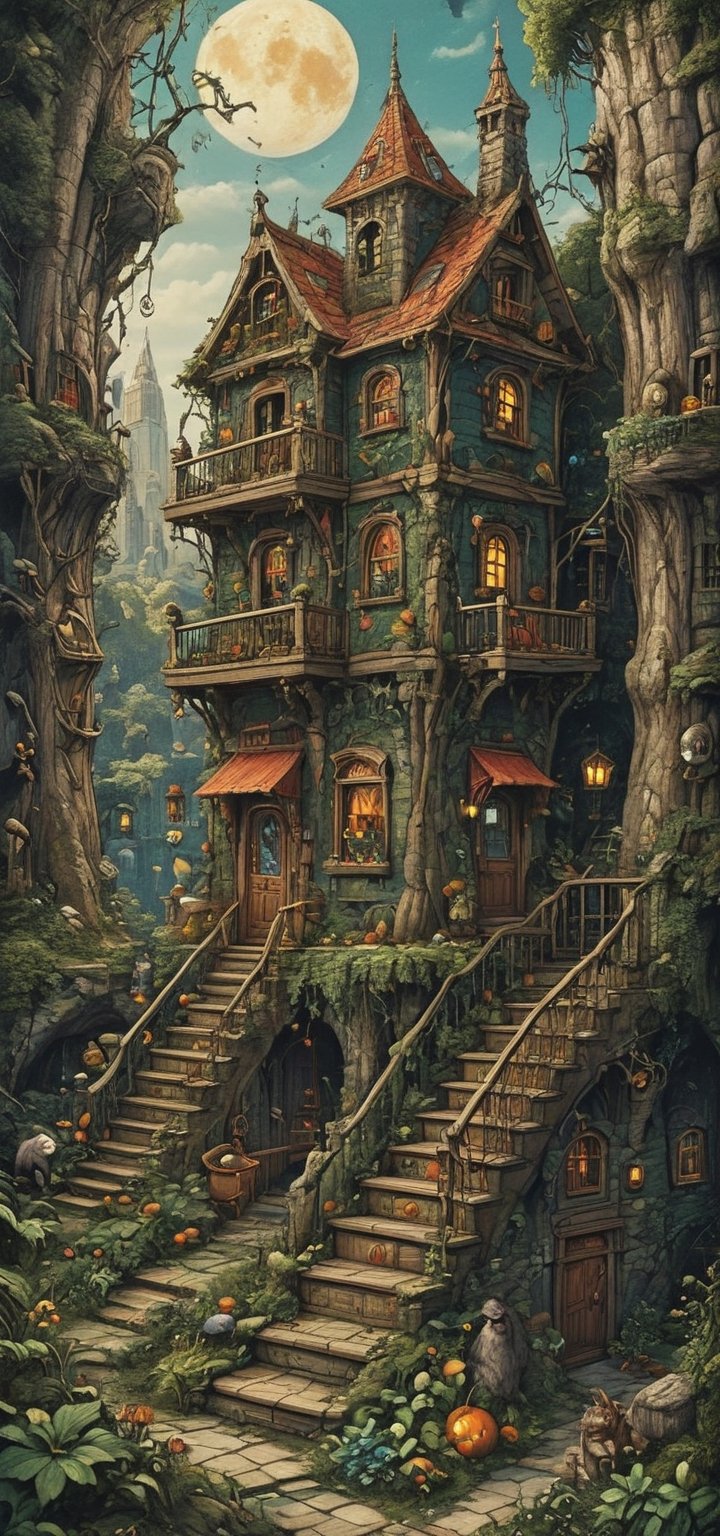 a cartoon house with a staircase going up to the second floor, deviantart contest winner, maximalism, dan mumford and pixar, cramped new york apartment, witch hut, tetris, hippie pad, fotografia, cut-away, lowres, cat tower, haunted house interior, 4k high res