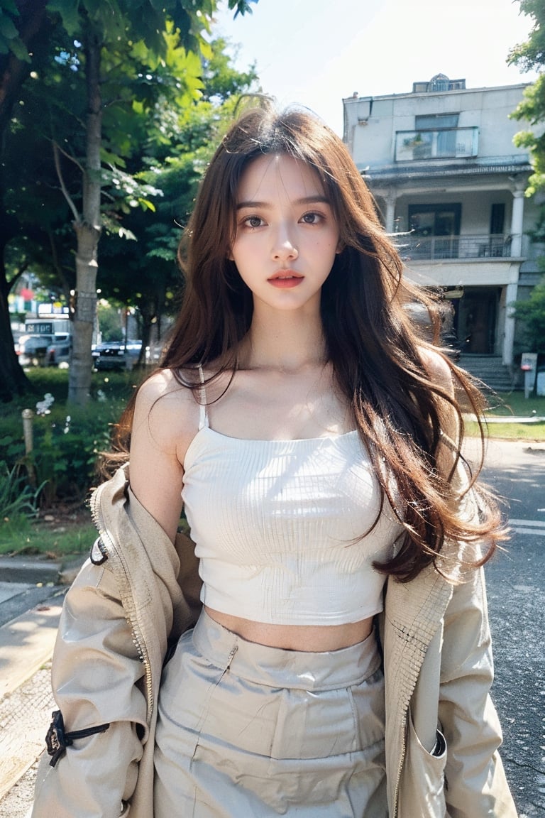 (masterpiece, best quality, highres), Korean girl K-pop idol, long hair, instagram model, 50mm, flash photography, real life, cute face, tight thin form fitting crop top emphasizing her large bust and pencil skirt, ultra resolution image, (realistic, realistic skin texture:1.2), a 20 yo woman, long hair, dark theme, soothing tones, muted colors, high contrast, (natural skin texture, hyperrealism, soft light, sharp), outdoors, trench coat, ,4ngel,m4ri3,mikumonmon_48,vonnyfelicia,1girl,Young beauty spirit 