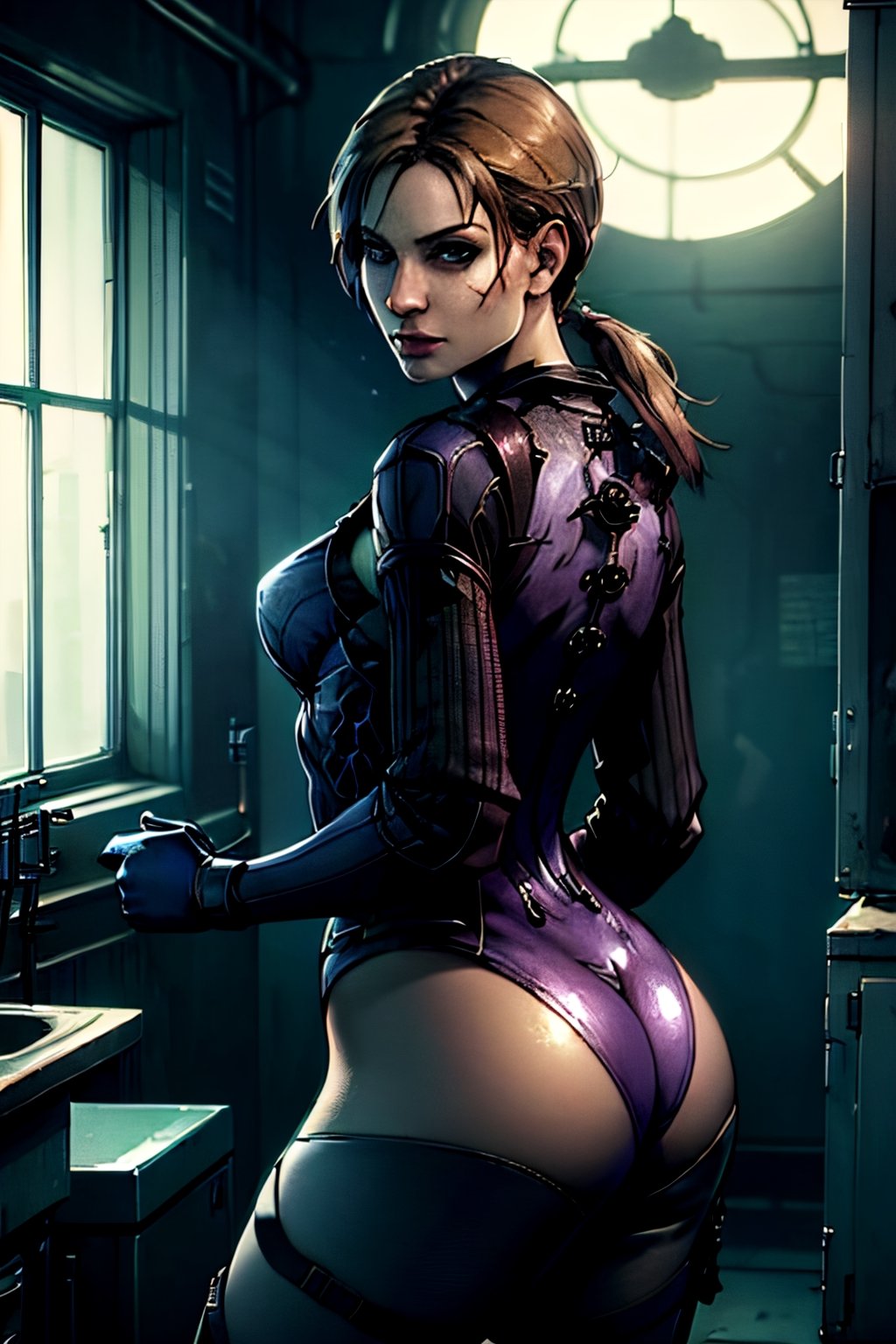 jill valentine (resident evil 5), facial portrait, sexy stare, smirked, inside lab, umbrella signs, zombies in the window, butt shot, guns
