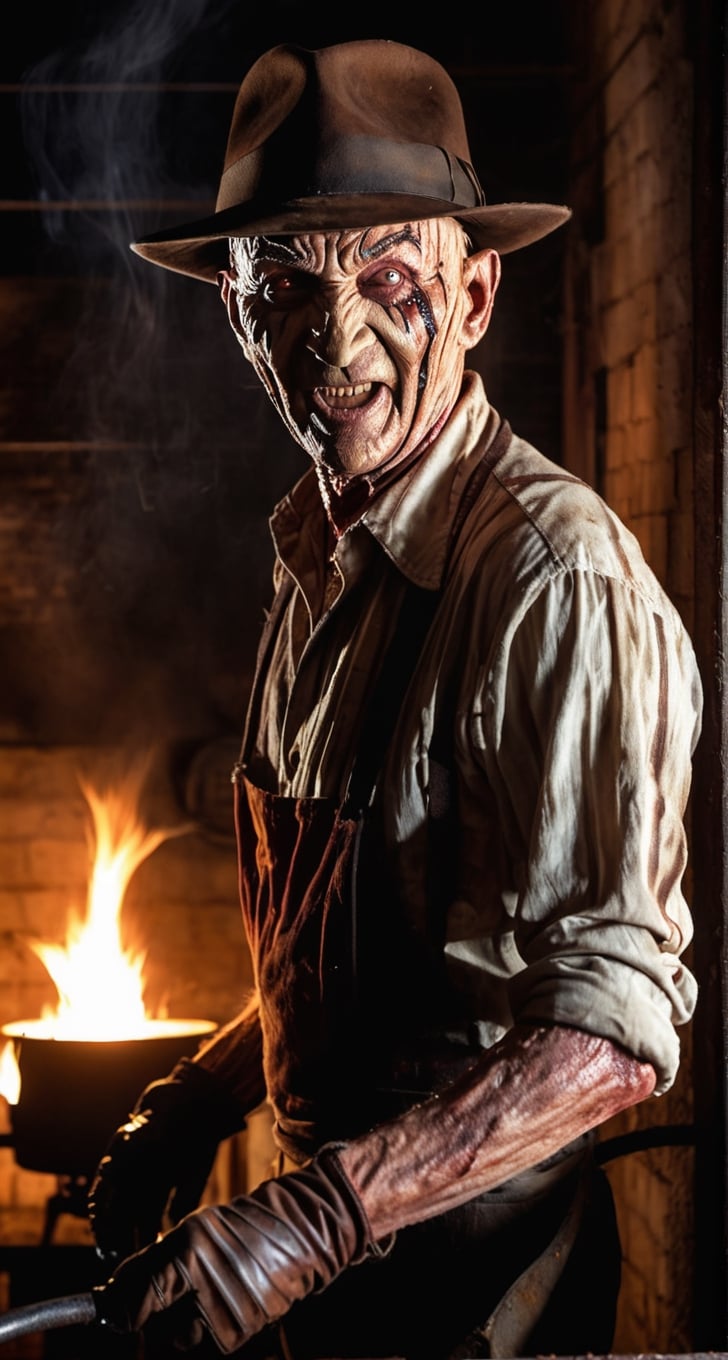 Freddy Krueger, facial  portrait, fedora hat, evil smile, shirt, wearing glove with five long claws on right hand, inside old warehouse, dim light, big rusty iron oven, faucets leaking, fire, 