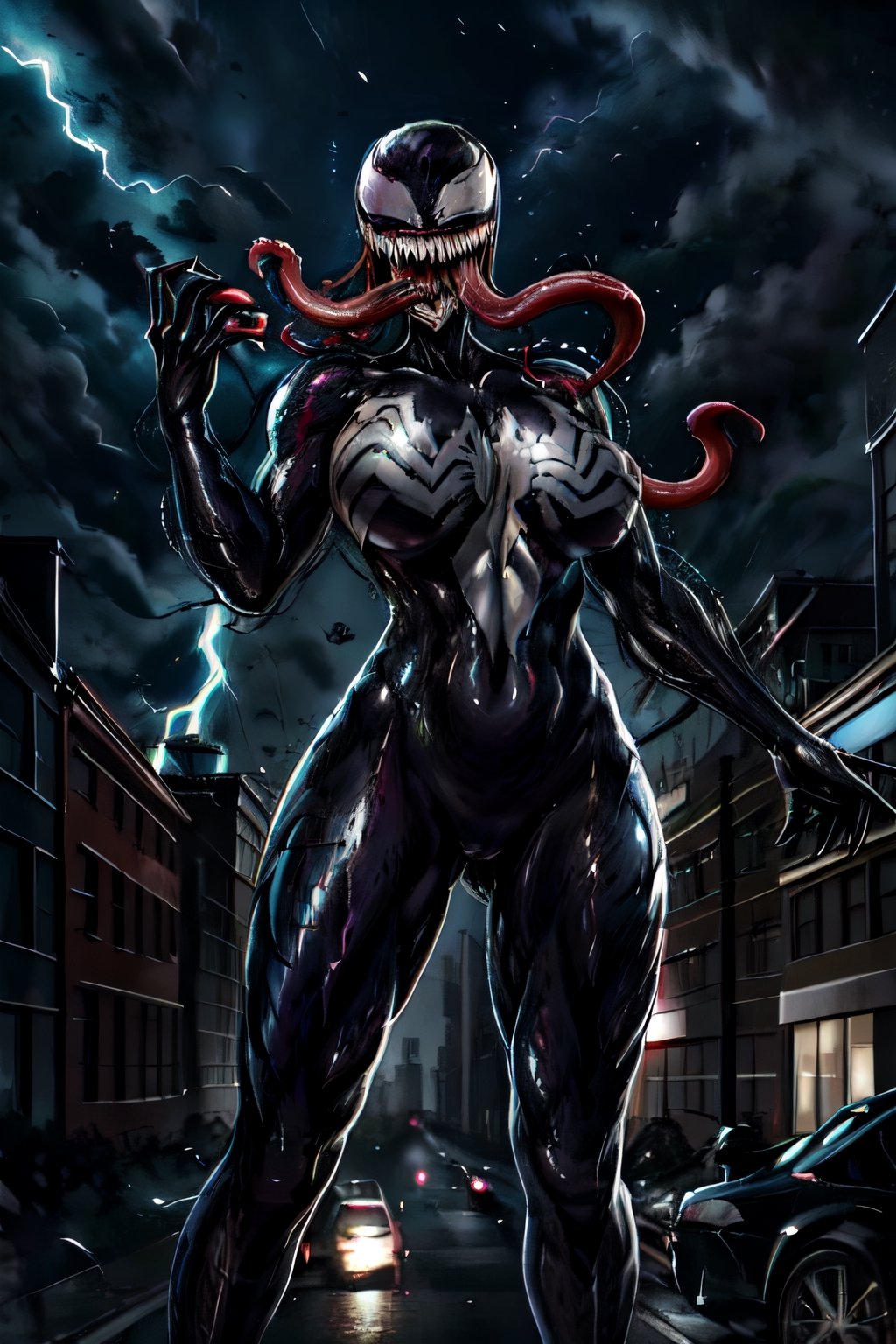 Venom, facial portrait, On top  of the building, streets below, cars driving, crowds walking, cloudy sky, lightning , venom, symbiote