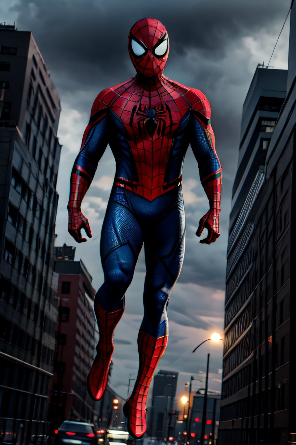 Spider-Man, facial portrait, On top  of the building, streets below, cars driving, crowds walking, cloudy sky, lightning ,spider-man costume