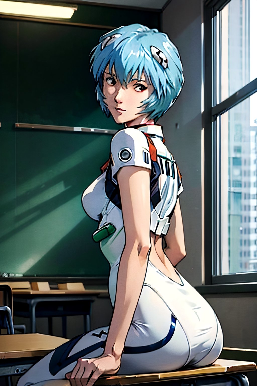 Neon Genesis Evangelion's Rei Ayanami, facial portrait, sexy stare, smirked, inside classroom, sitting alone, ayanamirei, butt shot 