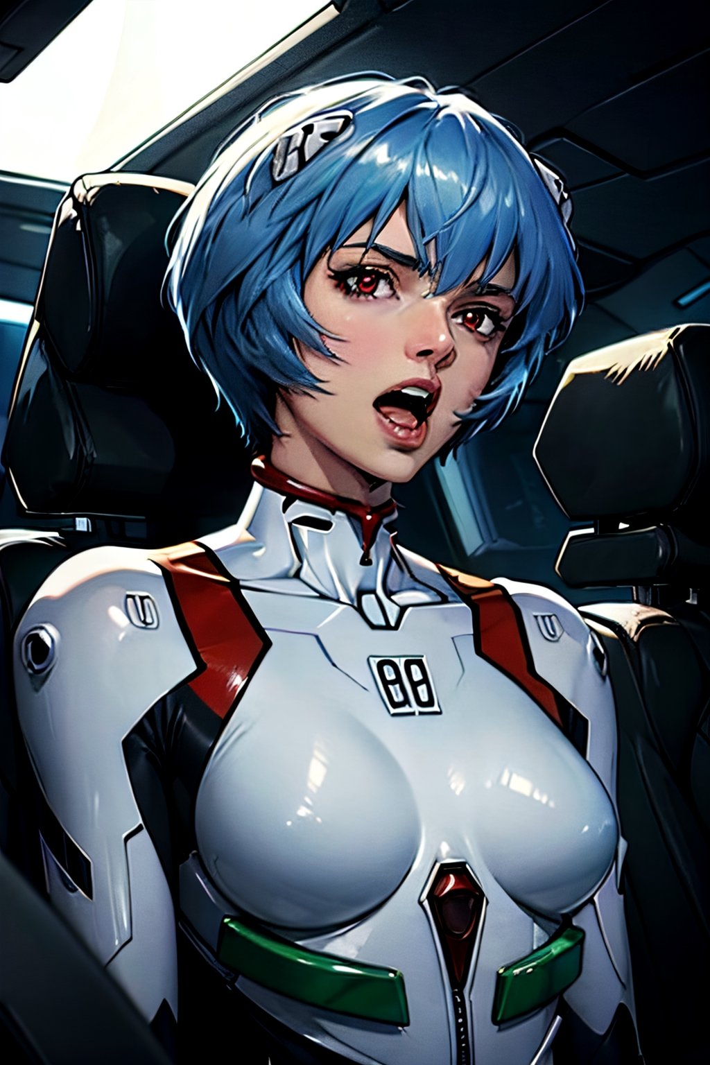 Neon Genesis Evangelion's Rei Ayanami, facial portrait, sexy stare, screaming, inside robot cockpit, fighting aliens, ,rei ayanami