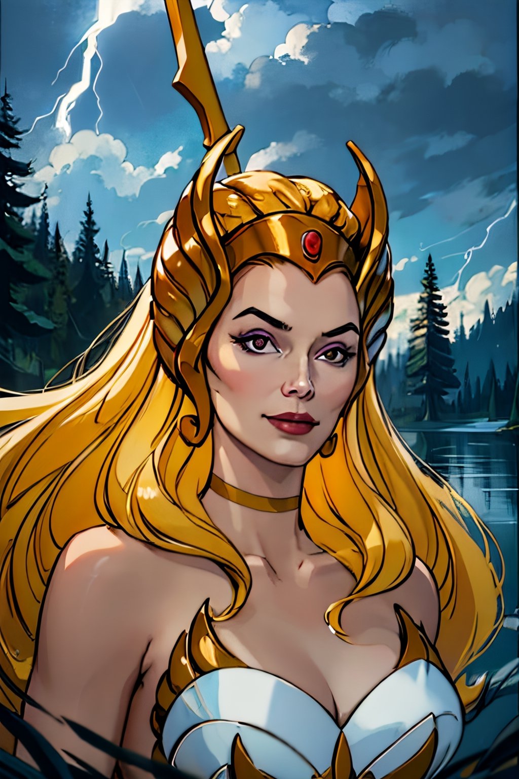 she-ra, naked, facial portrait, sexy stare, smirked, on top of  hill, looking down forest, lake, cloudy sky, lightning, holding her sword of power