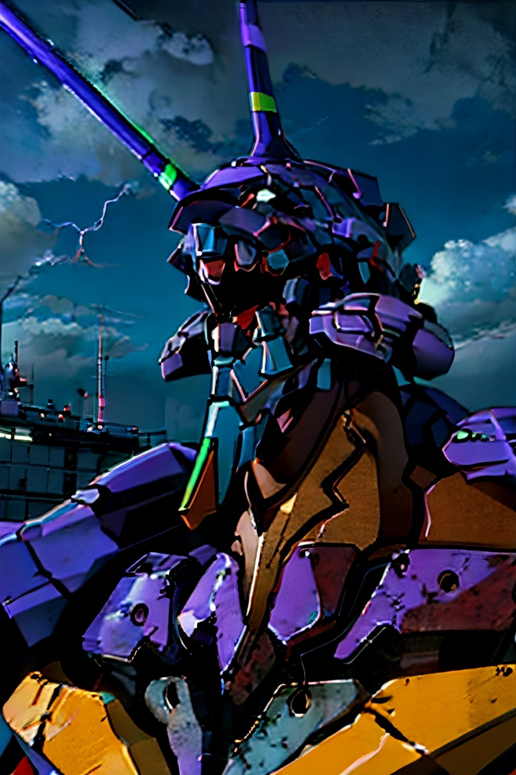 Neon Genesis Evangelion's, unit 01, facial portrait,  futuristic buildings, cloudy sky, lightning, evangelion mecha, ,evangelion anime style