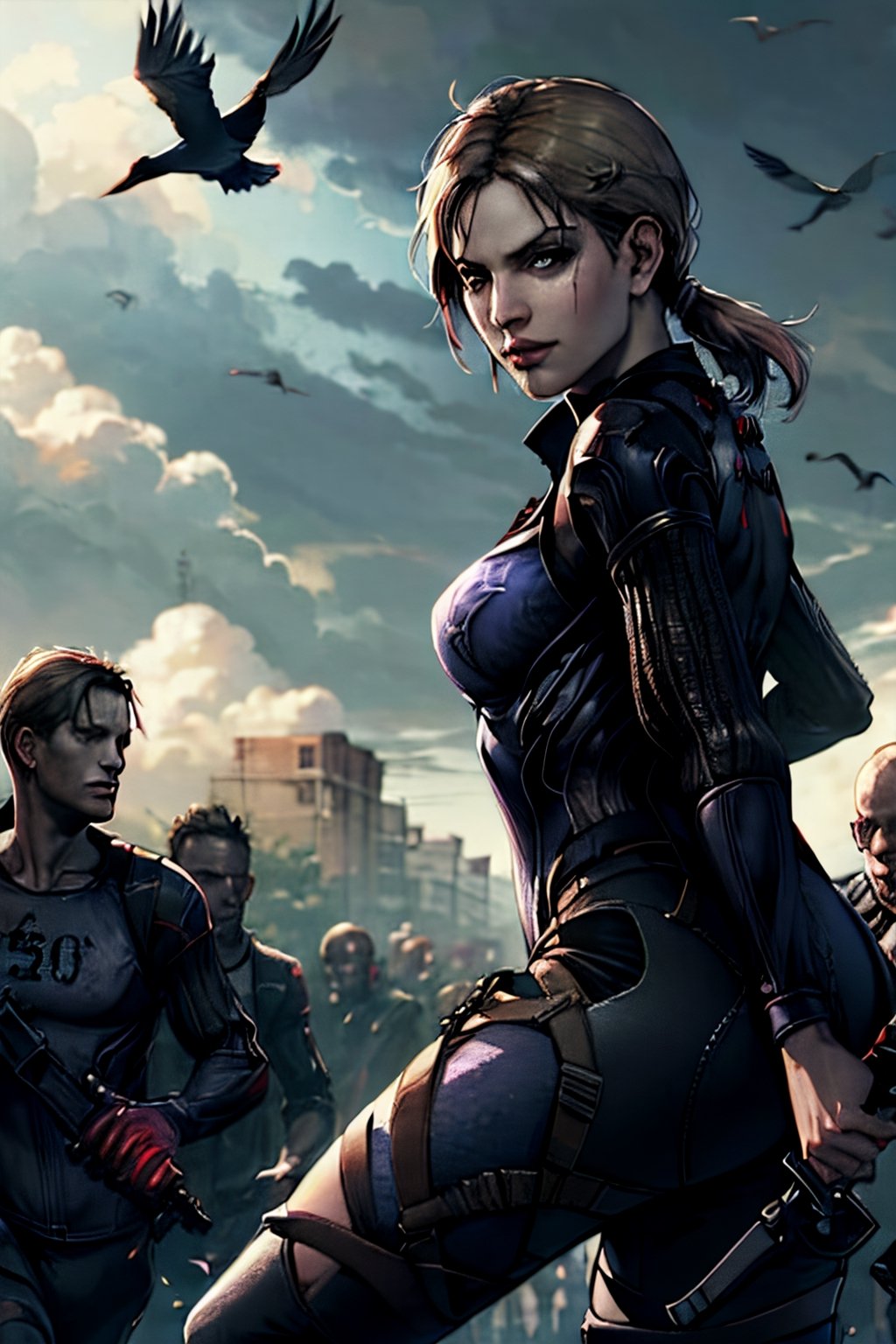 jill valentine (resident evil 5), facial portrait, sexy stare, smirked, running through african village, crowds, cloudy sky, birds, 