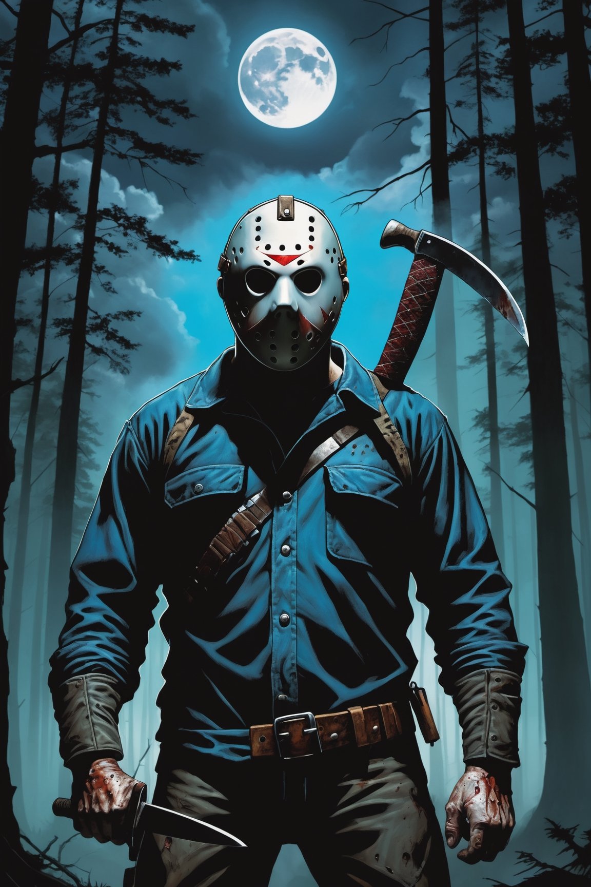Jason Voorhees, facial portrait,  (holding machete), inside forest, cloudy sky, lightning, full moon, from behind, cabin in the woods