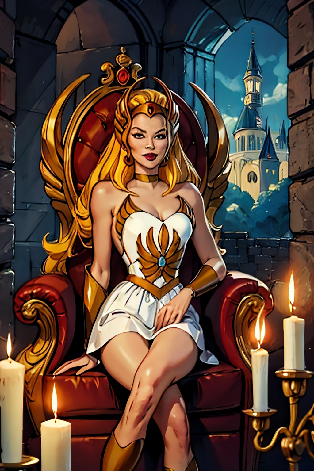 she-ra, facial portrait, sexy stare, smirked, sitting on big throne, inside castle Grayskull, candlelights, 