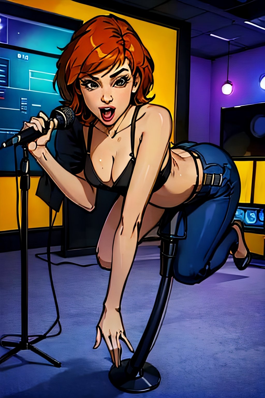 april o'neil, facial portrait, sexy stare, full body, sexy  pose, inside newsroom, cameras, teleprompter, microphone, screaming 