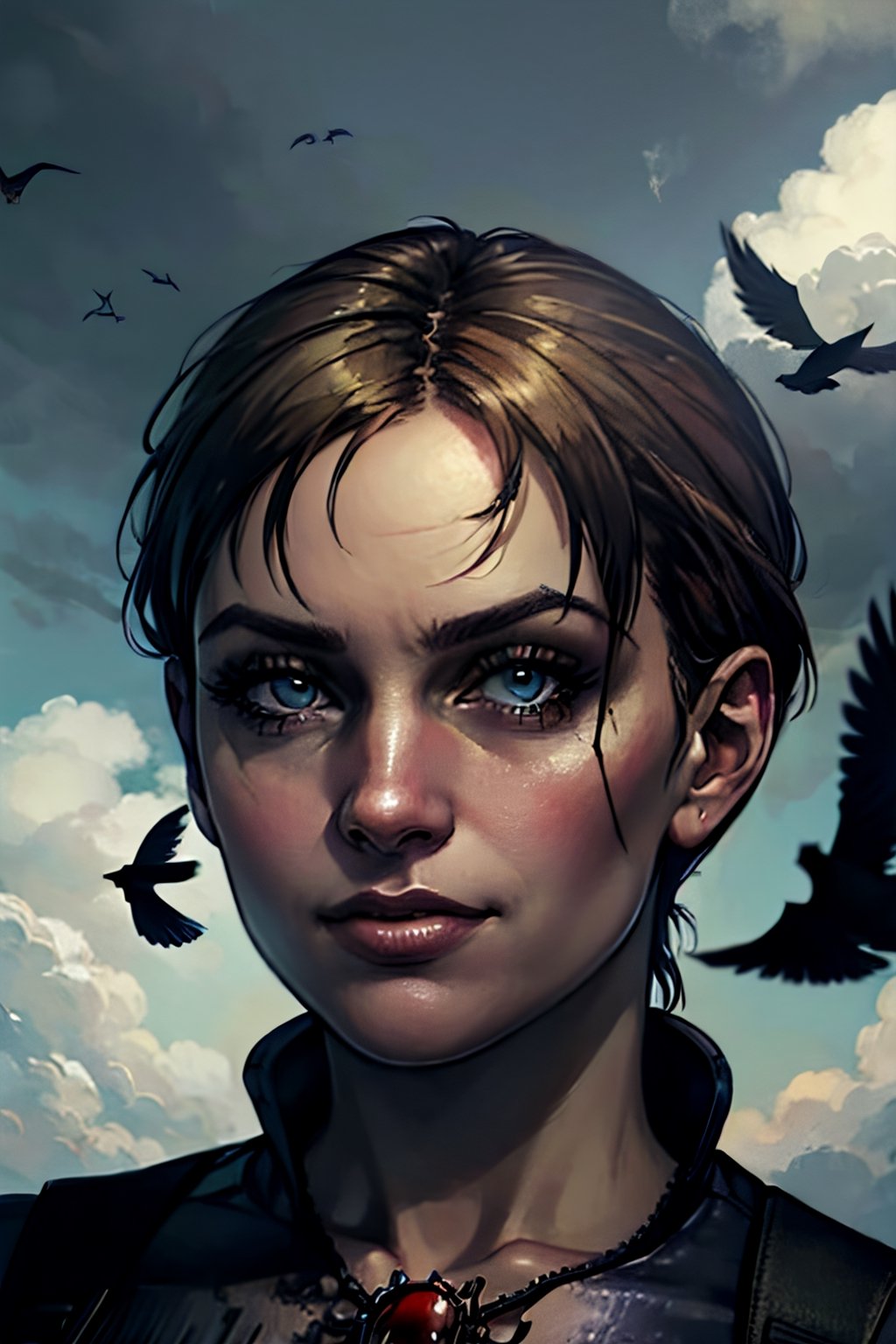 jill valentine (resident evil 5), facial portrait, sexy stare, smirked, running through african village, crowds, cloudy sky, birds, 