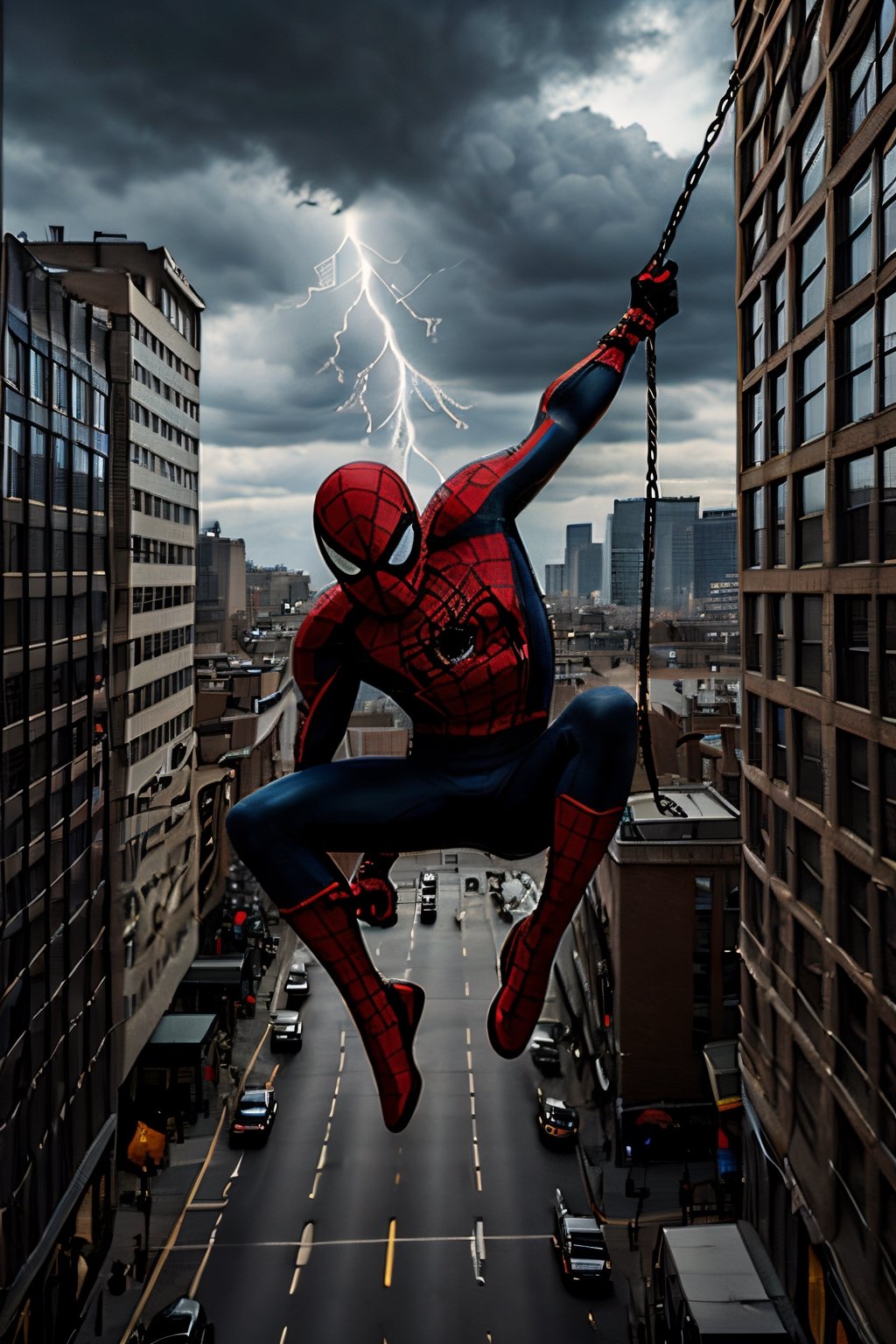 Photorealistic, Spider-Man, facial portrait, swinging through the buildings, streets below, cars driving, crowds walking, cloudy sky, lightning 