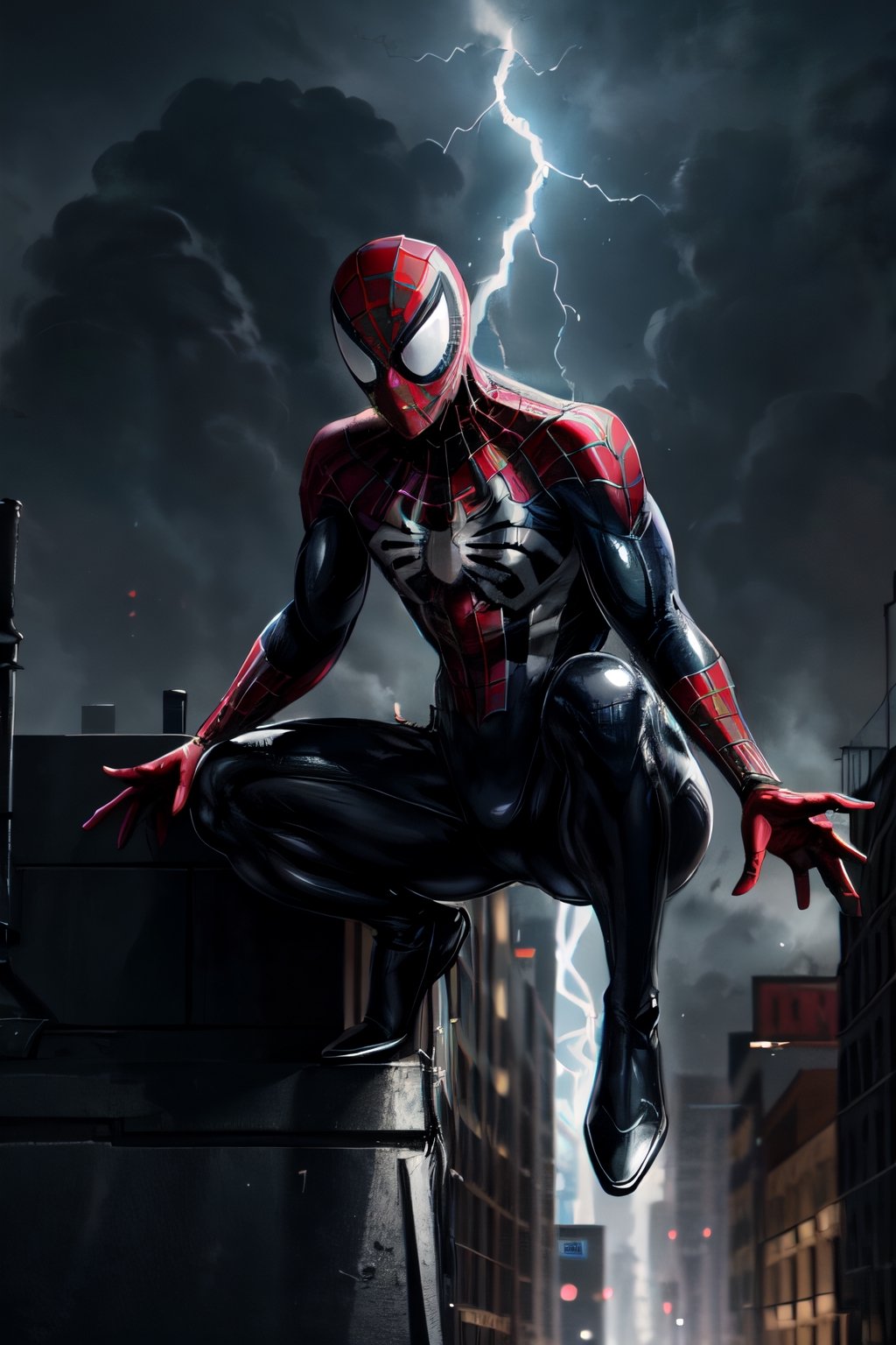 Spider-Man, black costume, facial portrait, crouched, On top  of the building, streets below, cars driving, crowds walking, cloudy sky, lightning , venom