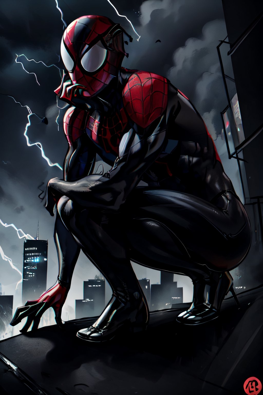 Spider-Man, black costume, facial portrait, crouched, On top  of the building, streets below, cars driving, crowds walking, cloudy sky, lightning , venom