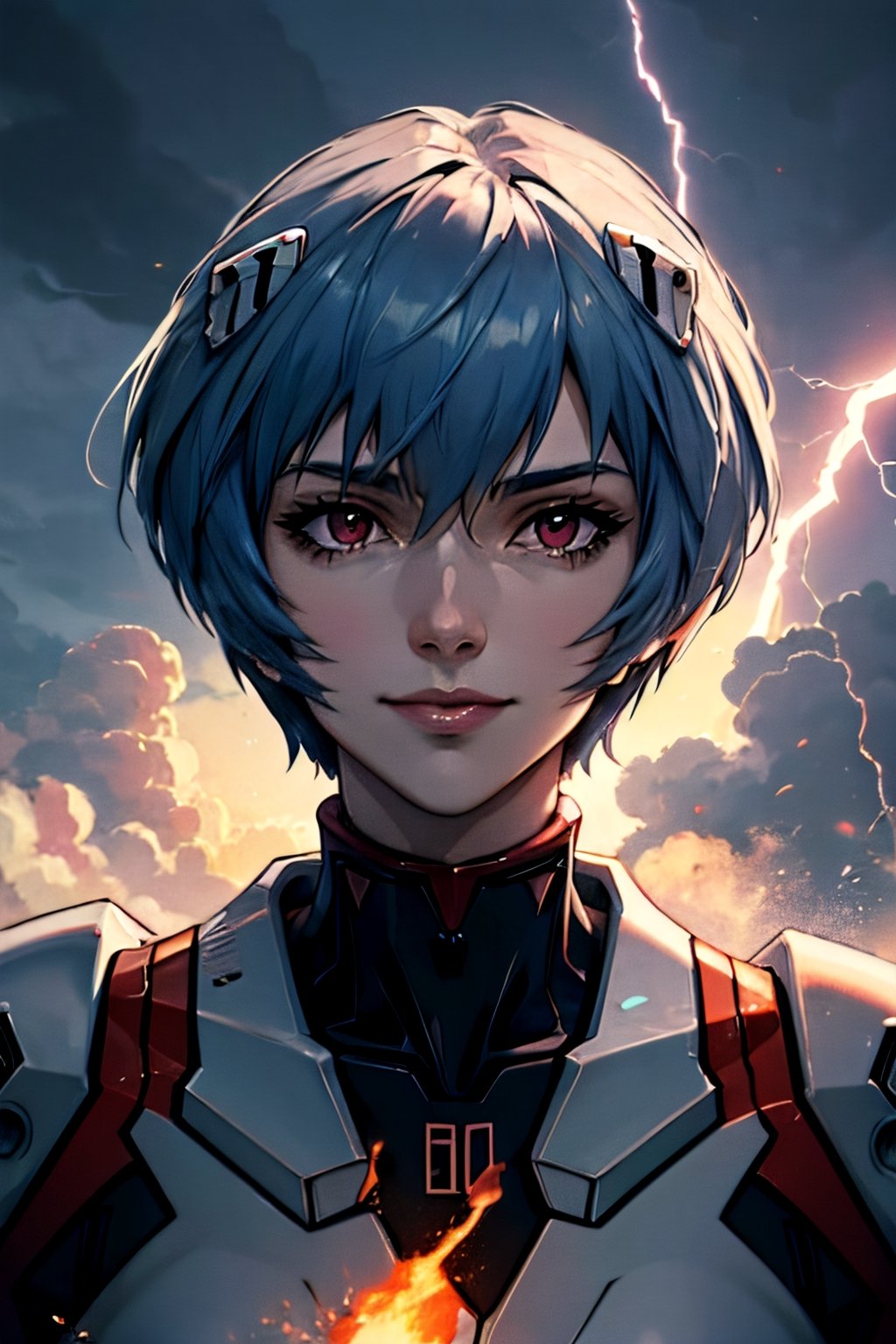 Neon Genesis Evangelion's Rei Ayanami, facial portrait, sexy stare, smirked, rei ayanami, fighting robots, futuristic buildings on fire, cloudy sky, lightning, 