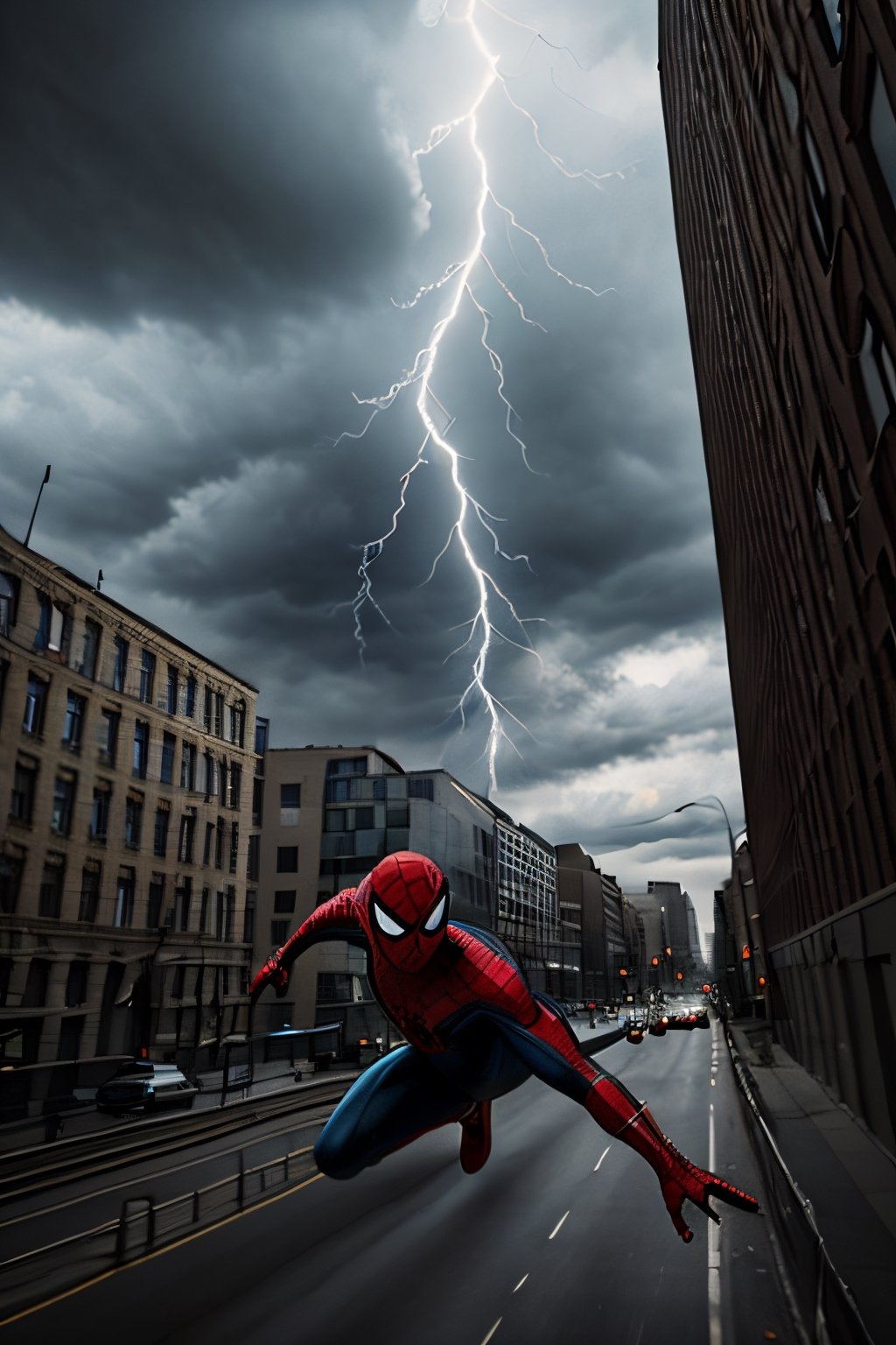Photorealistic, Spider-Man, facial portrait, swinging through the buildings, streets below, cars driving, crowds walking, cloudy sky, lightning 