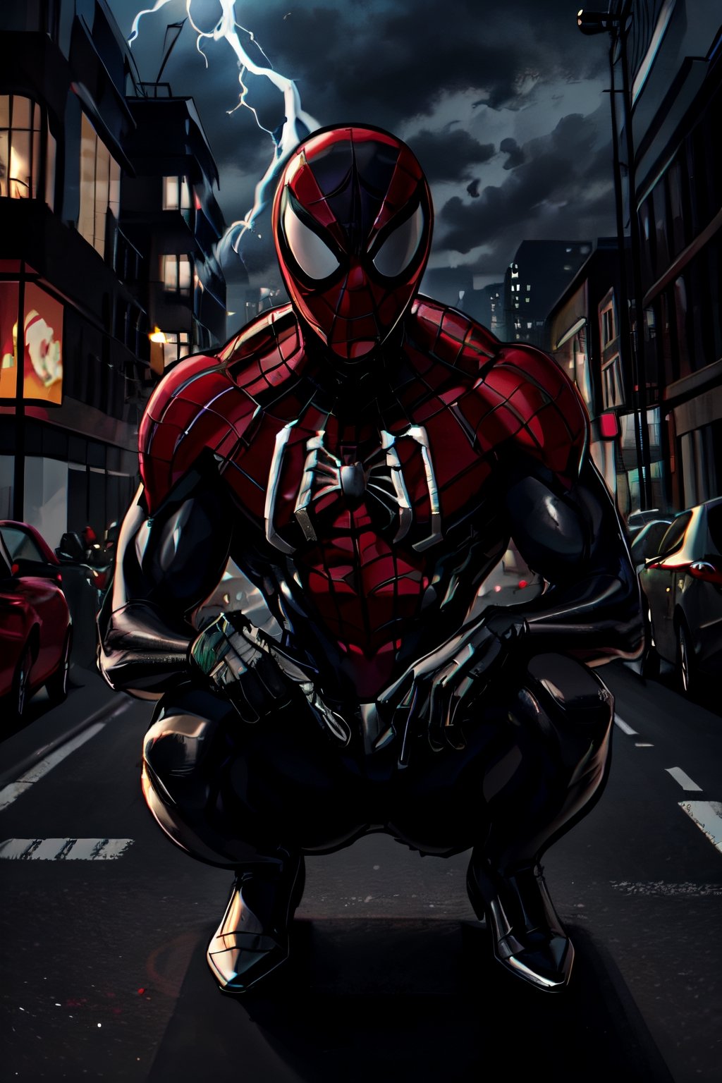 Spider-Man, black costume, facial portrait, crouched, On top  of the building, streets below, cars driving, crowds walking, cloudy sky, lightning , venom