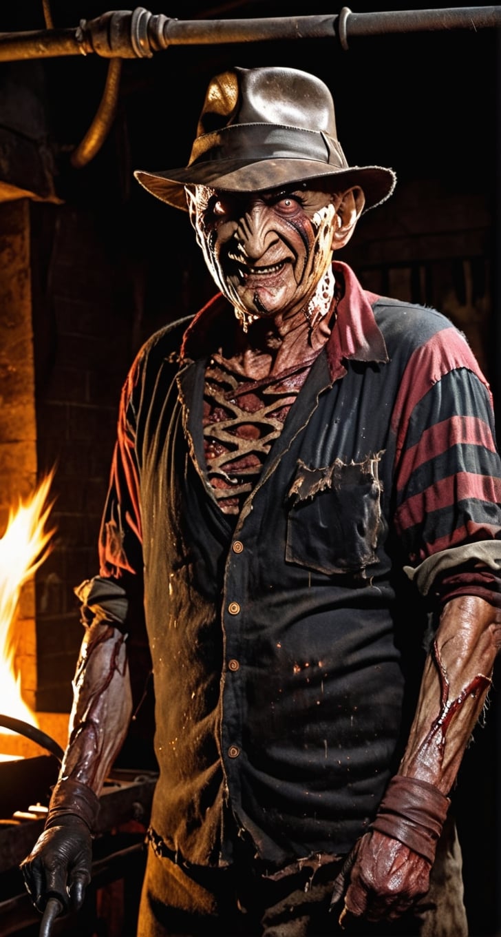 Freddy Krueger, facial  portrait, evil smile, shirt,wearing grove with long clows on right hand, inside old warehouse, dim light, big rusty iron oven, faucets leaking, fire
In your nightmare,