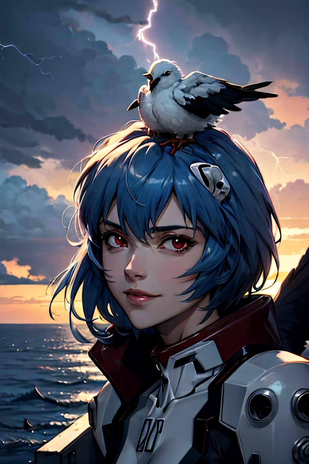 Neon Genesis Evangelion's Rei Ayanami, facial portrait, sexy stare, smirked, on top of orange robot, near shoreline, birds flying around, cloudy sky, lightning ,rei ayanami