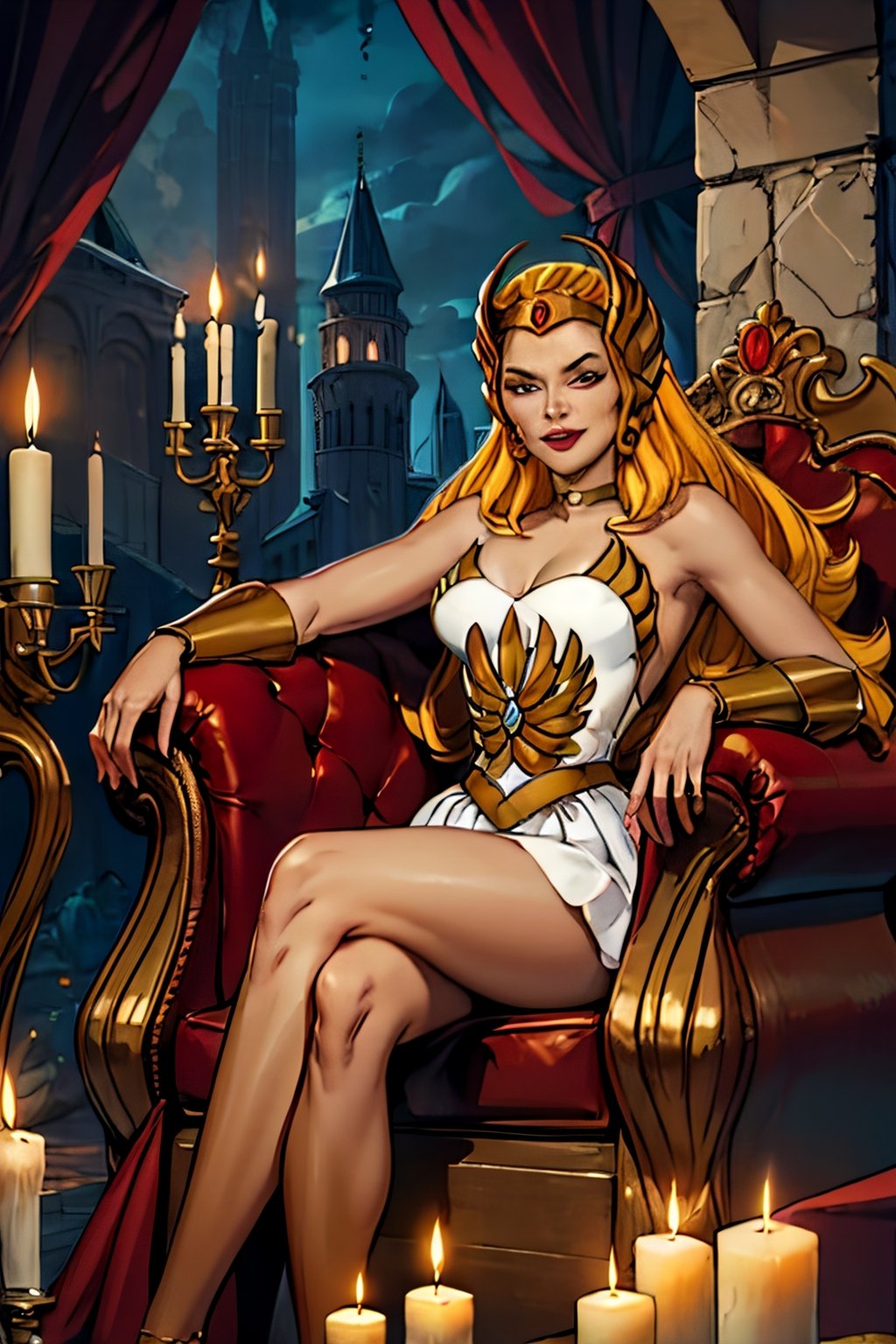 she-ra, facial portrait, sexy stare, smirked, sitting on big throne, inside castle Grayskull, candlelights, 