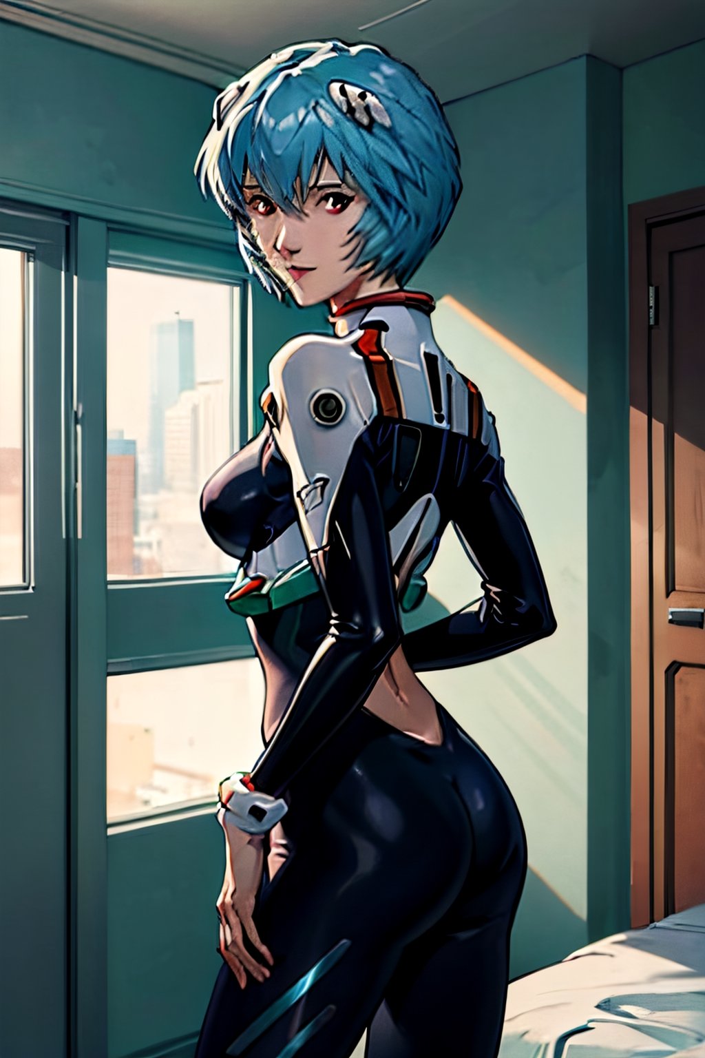 Neon Genesis Evangelion's Rei Ayanami, facial portrait, sexy stare, smirked, inside room, dark, butt shot ,ayanamirei
