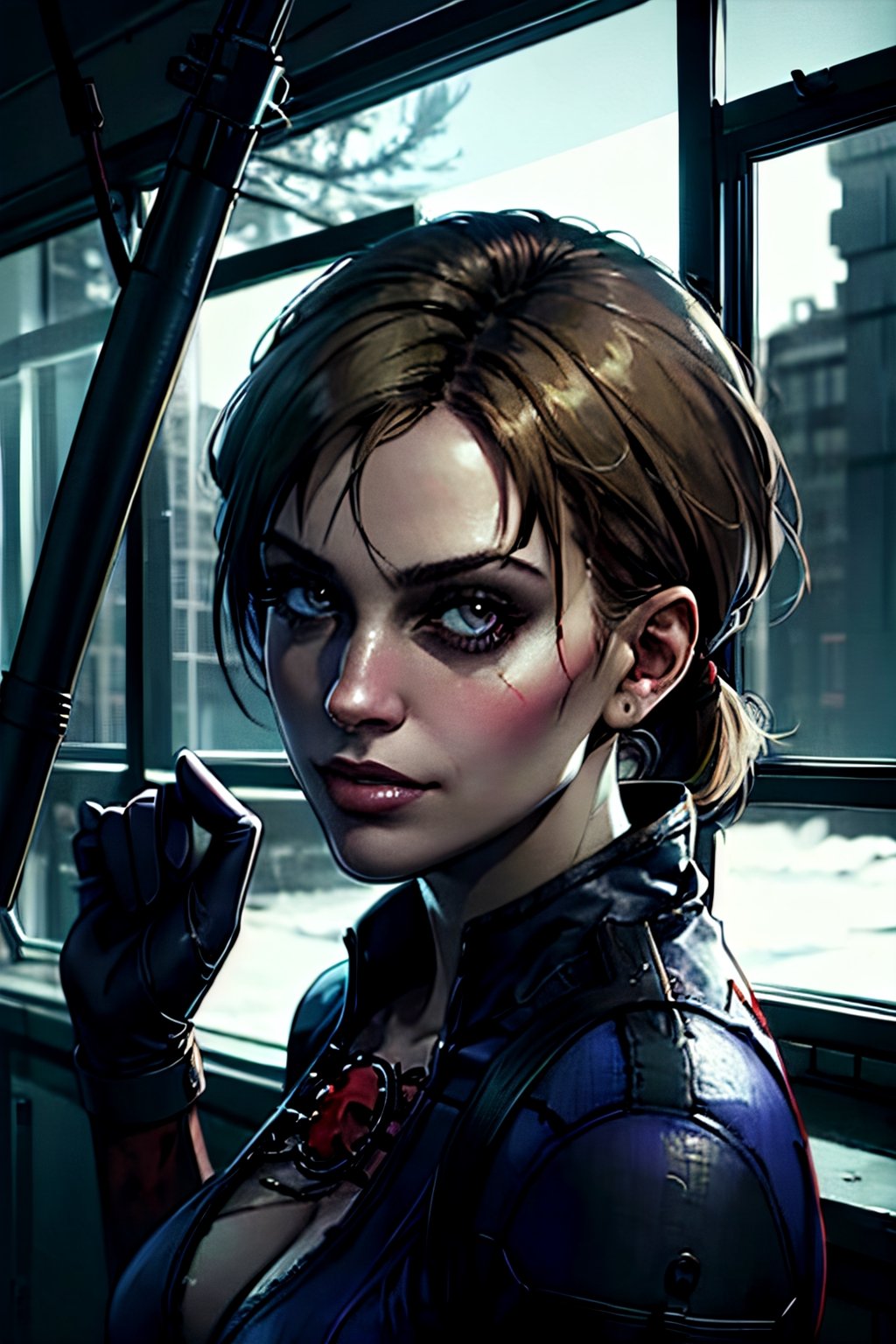 jill valentine (resident evil 5), facial portrait, sexy stare, smirked, inside lab, umbrella signs, zombies in the window