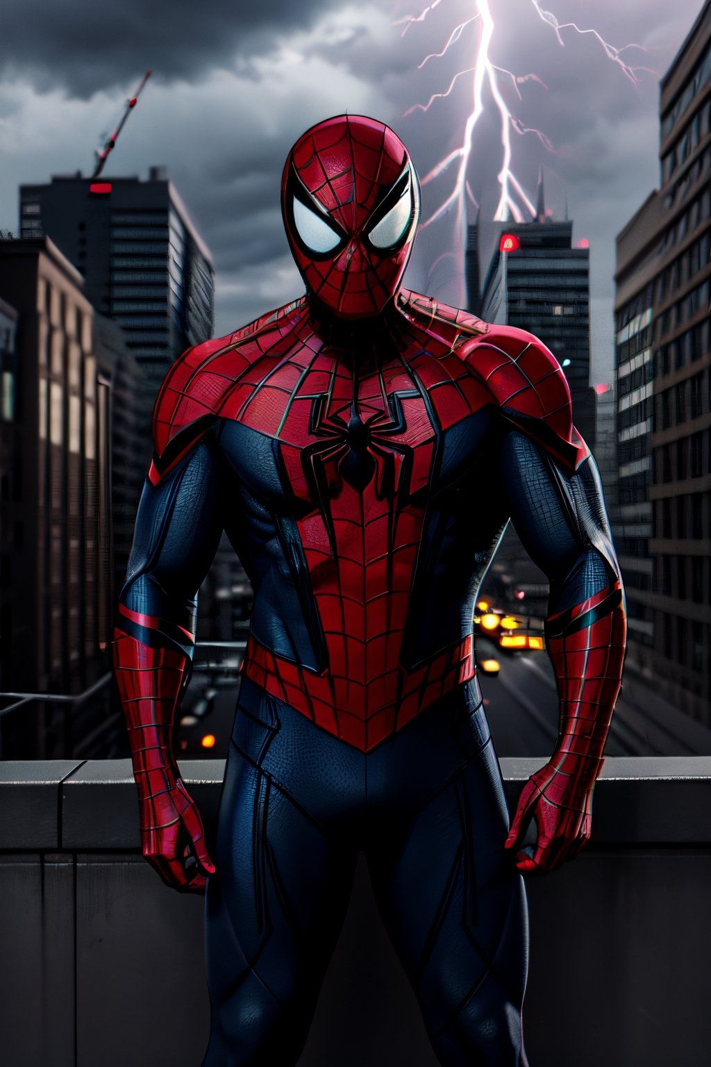 Spider-Man, facial portrait, crouched, On top  of the building, streets below, cars driving, crowds walking, cloudy sky, lightning ,spider-man costume