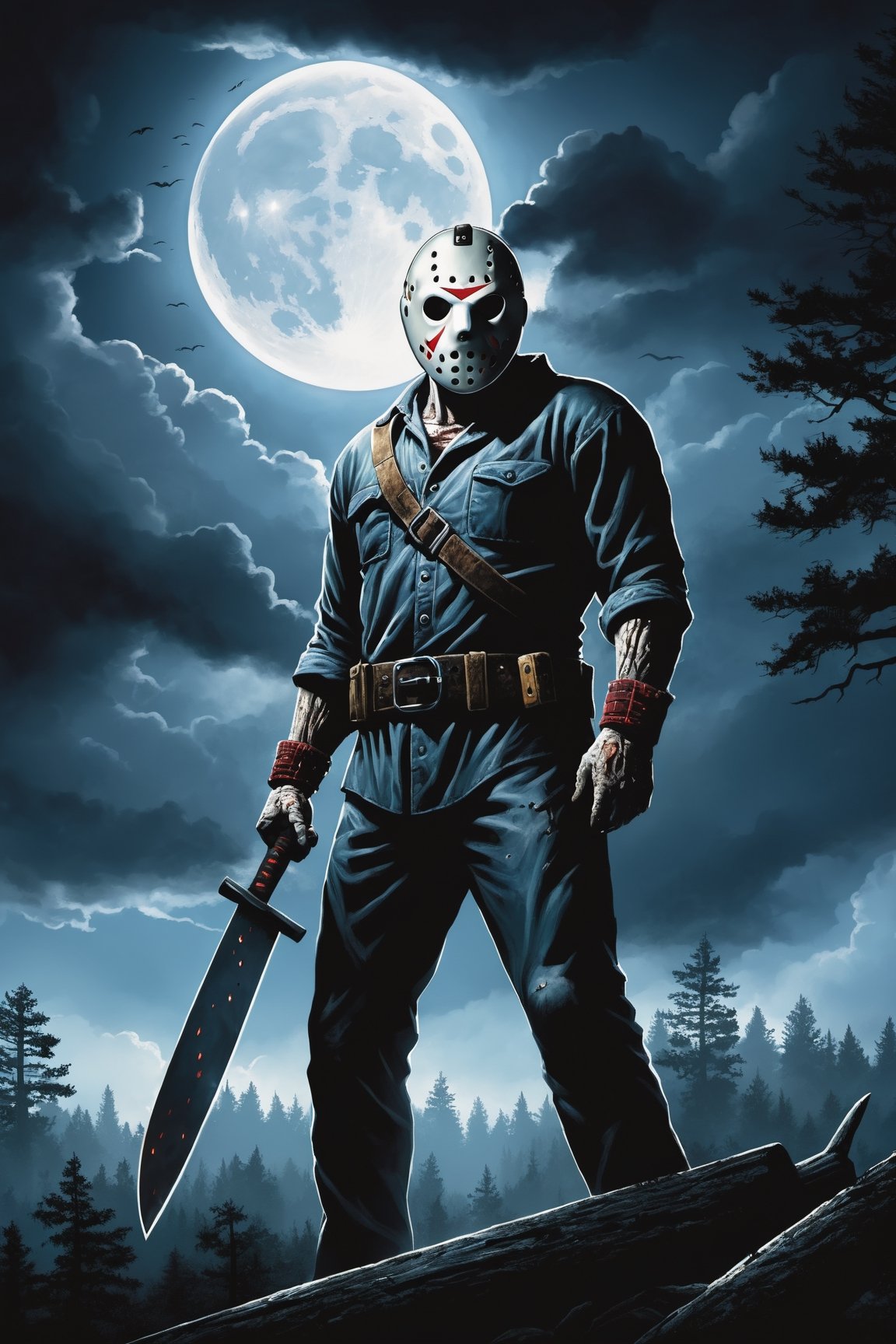 Jason Voorhees, (holding machete), inside forest, cloudy sky, lightning, full moon, 